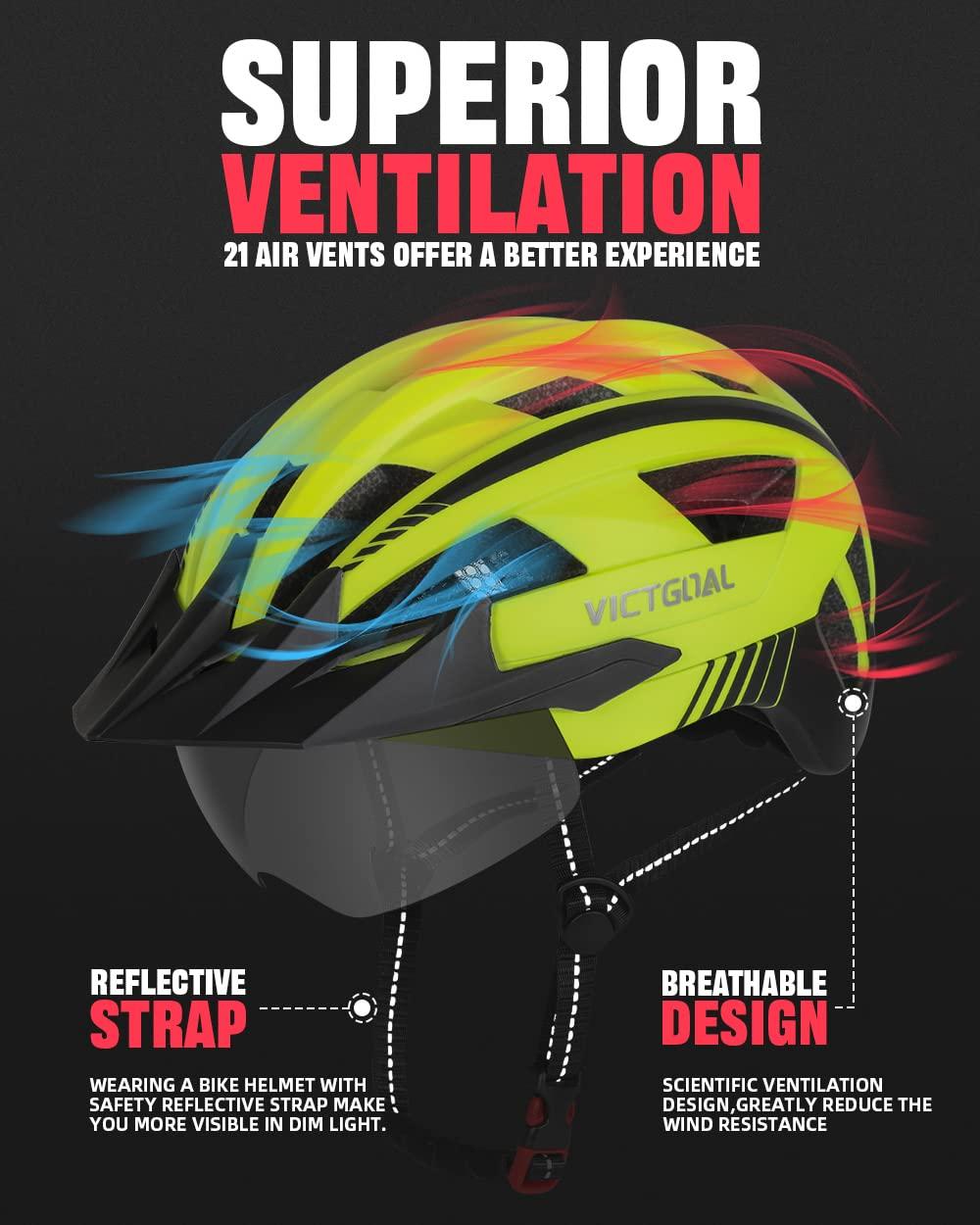 VICTGOAL VICTGOAL Bike Helmet for Men Women with Led Light Detachable Magnetic Goggles Removable Sun Visor Mountain & Road Bicycle Helmets Adjustable Size Adult Cycling Helmets (XL: 59-63 cm, Yellow)