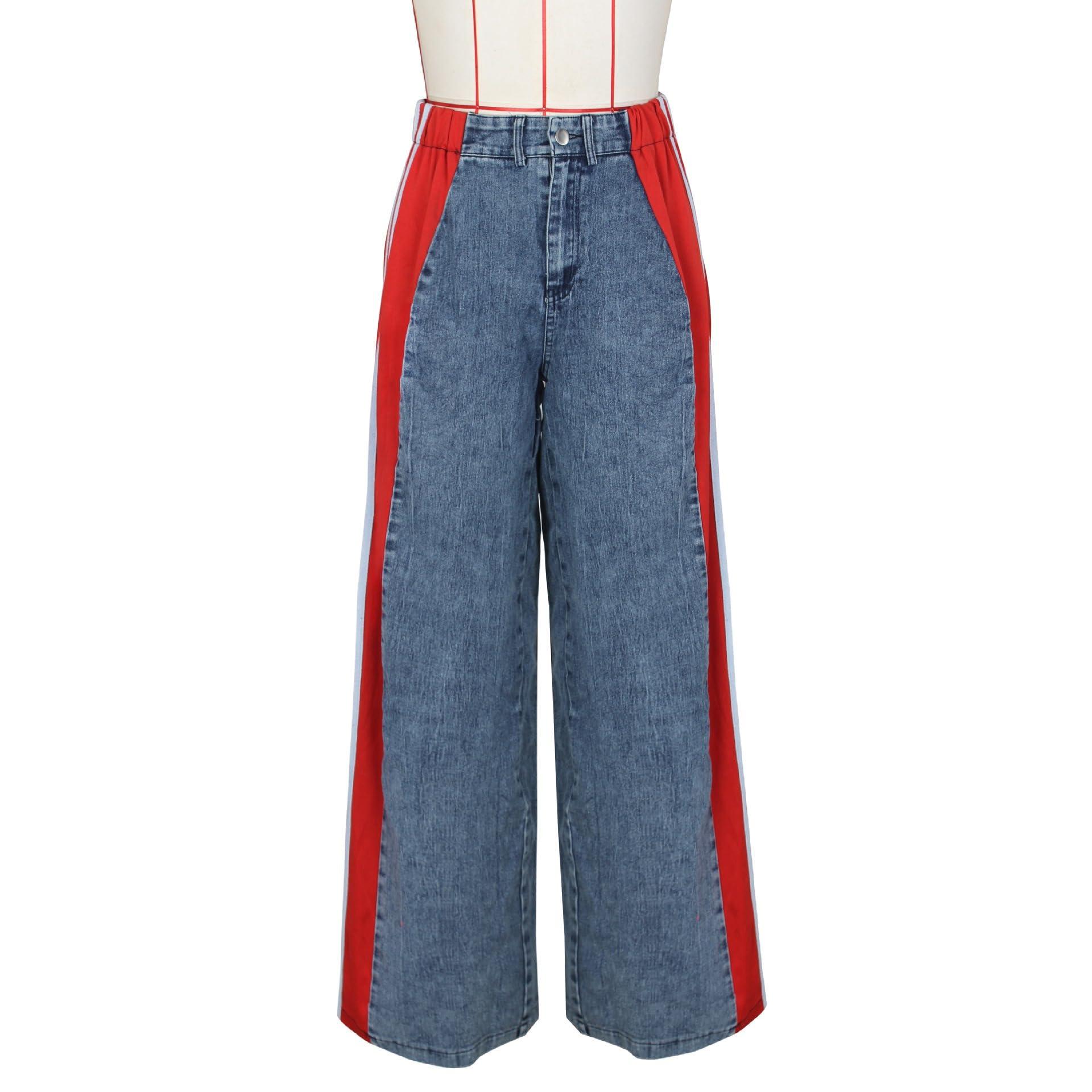 YCHUNHUI YCHUNHUI Women's High Waisted Two Tone Jeans Block Floor Length Wide Leg Denim Pants Patchwork Stripes Jeans Trousers (Blue and Red,Small)
