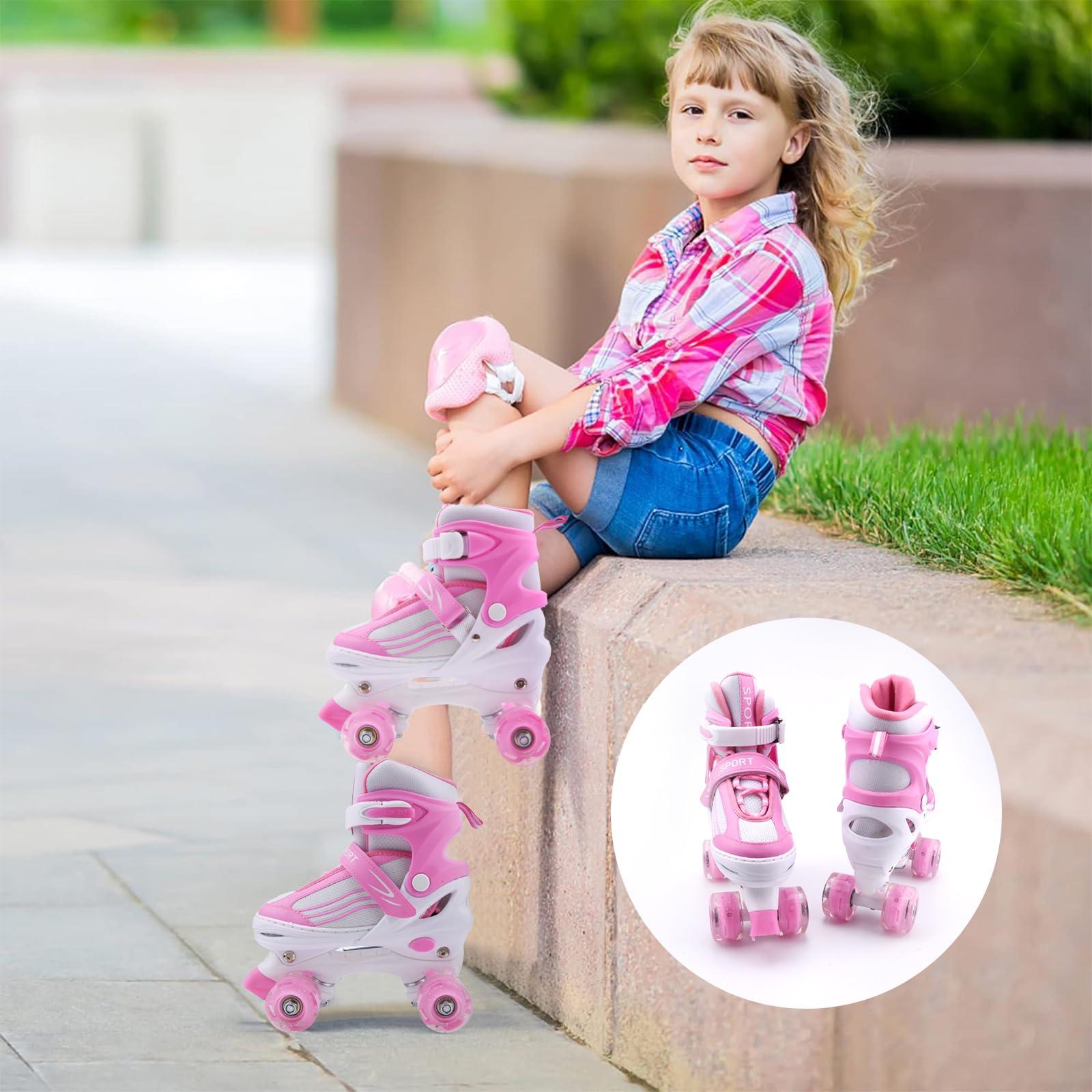 LEJIJIT LEJIJIT Girls Roller Skates for Kids Child Beginners, Adjustable 4 Sizes Quad Roller Skates Pink & White for Kids and Youth with Light Up Wheels for Sports (Large 4-7 US)