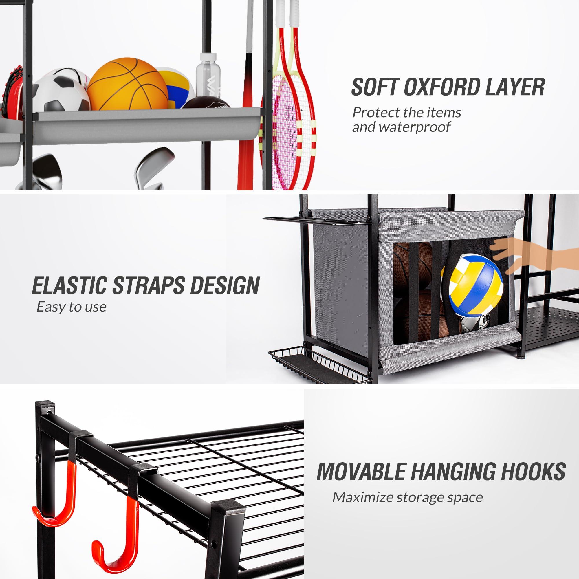 Sttoraboks Sttoraboks Garage Sports Equipment Organizer, Large Sports Storage Rack Fits 2 Golf Bags and Other Sports Equipment, Sports Ball Gear Storage Stand with Oxford Baskets and Hooks for Indoor, , Black