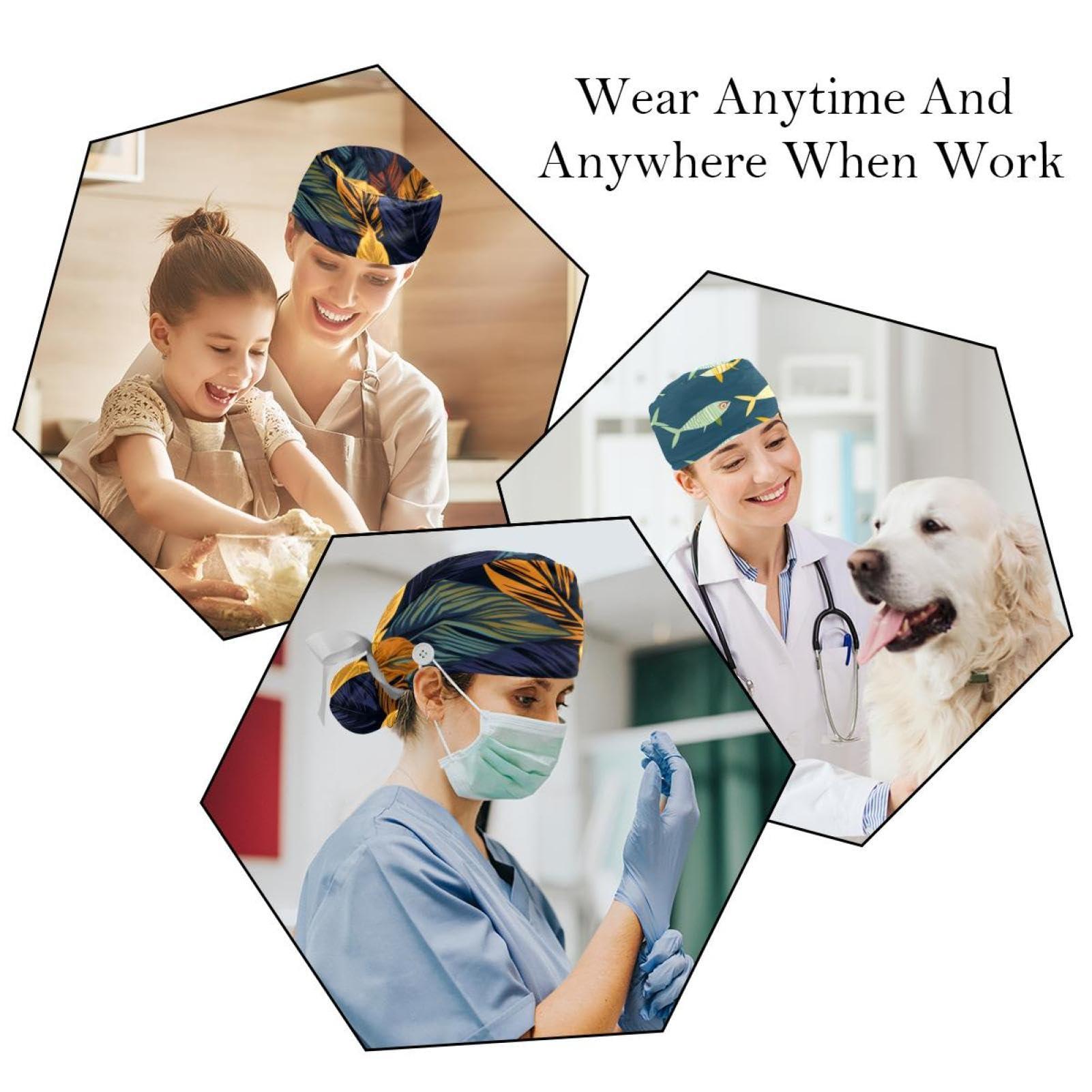 YTYVAGT 2-Pc,Nurse Scrub Caps,Scrub Hats with Buttons and Cotton Sweatband,Abstract Leaves