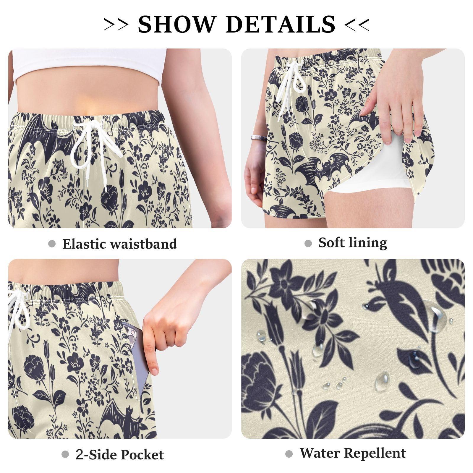 HURPAN HURPAN Bat Goth Womens Quick Dry Beach Shorts Athletic Swim Bottom Swimsuit with Liner Pockets