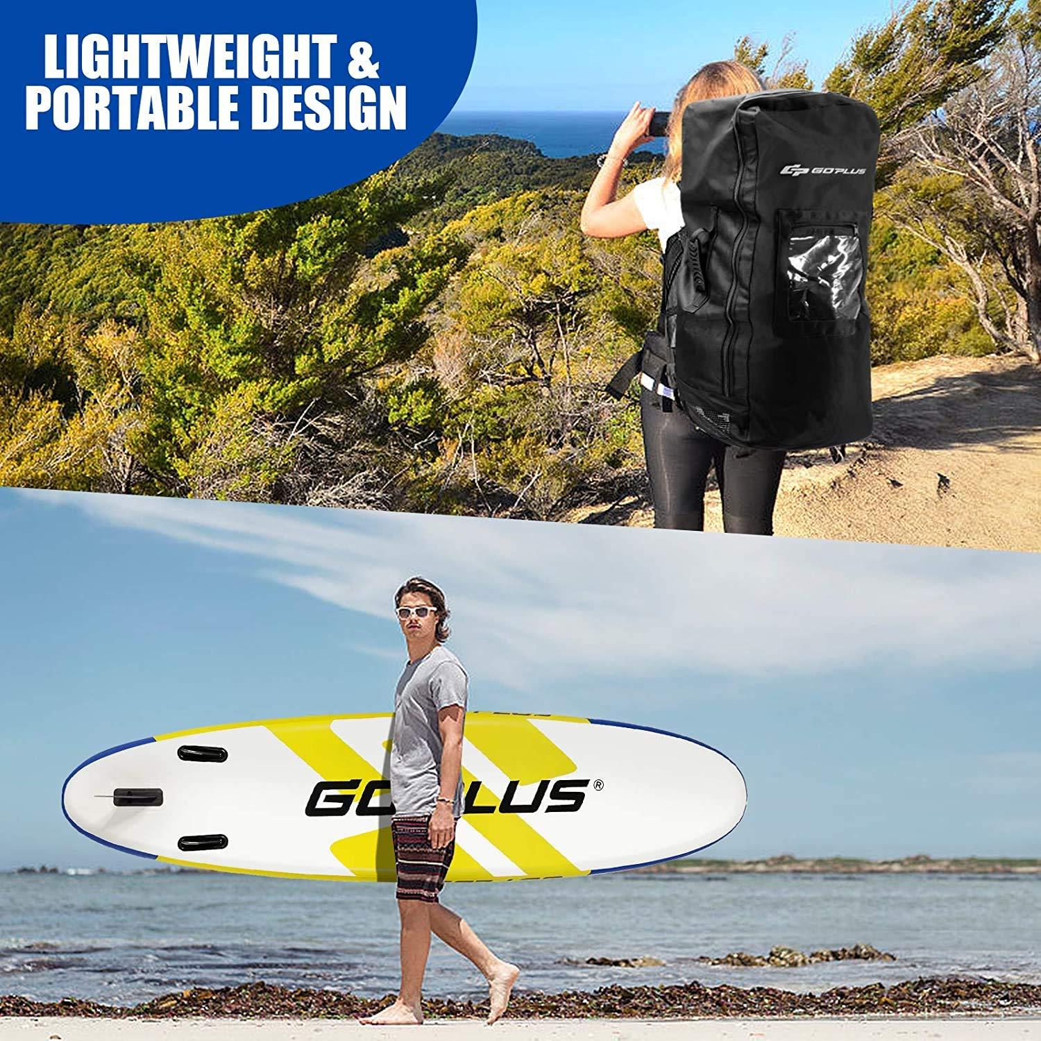 Goplus Goplus Inflatable Stand Up Paddle Board, 11 x 30 x 6 SUP with Accessory Pack, Adjustable Paddle, Carry Bag, Bottom Fin, Hand Pump, Non-Slip Deck, Leash, Repair Kit (Yellow+Blue, 11FT)