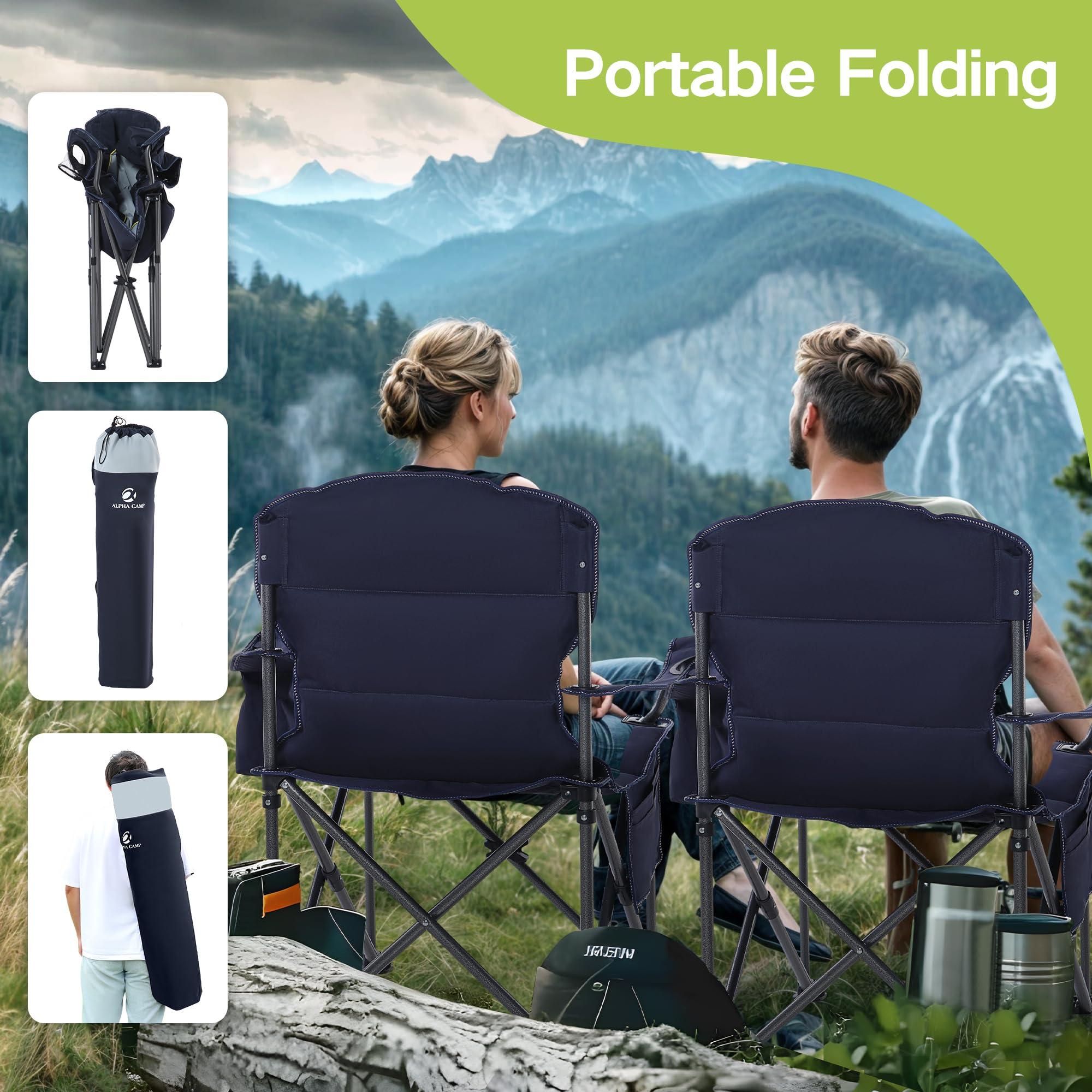 GREEN PARTY GREEN PARTY Folding Camping Chair Oversized Heavy Duty Lawn Chair with Cooler Bag, Cup Holder, Storage Pocket, Collapsible Padded Outdoor Arm Chair, Quad Lumbar Back Chair Supports 450LBS