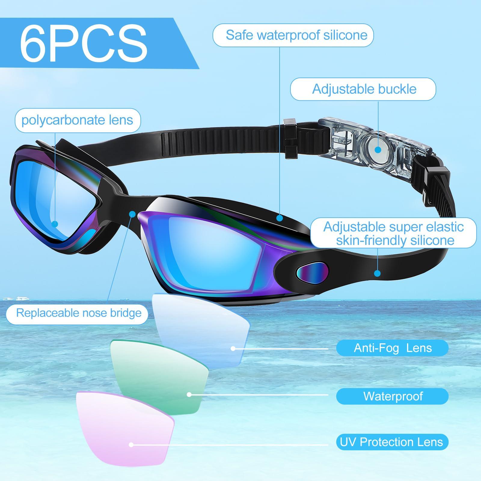 Flutesan Flutesan 6 Pack Swimming Goggles Adult Kids Anti Fog Pool Goggles with Ear Plugs Nose Clip No Leaking Full Protection(Multi Color,6.3 x 1.8 Inches)