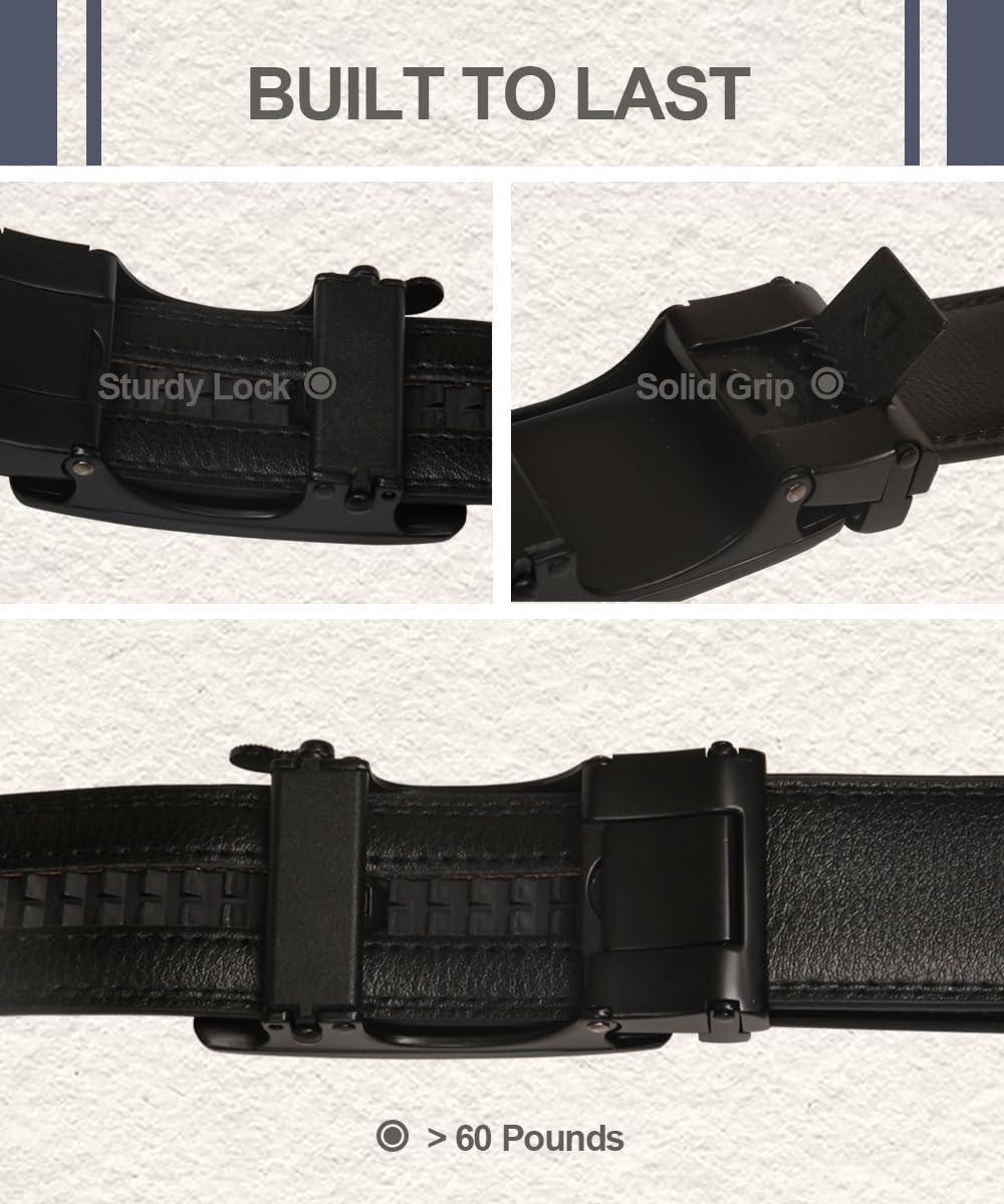 Teooauss Ratchet Belts for Men, Leather Black Slide Belt with Automatic Buckle for Golf Work Wedding Dress Casual Shirt Pants Jeans, Micro Adjustable, Trim To Fit - Waist: 36-42