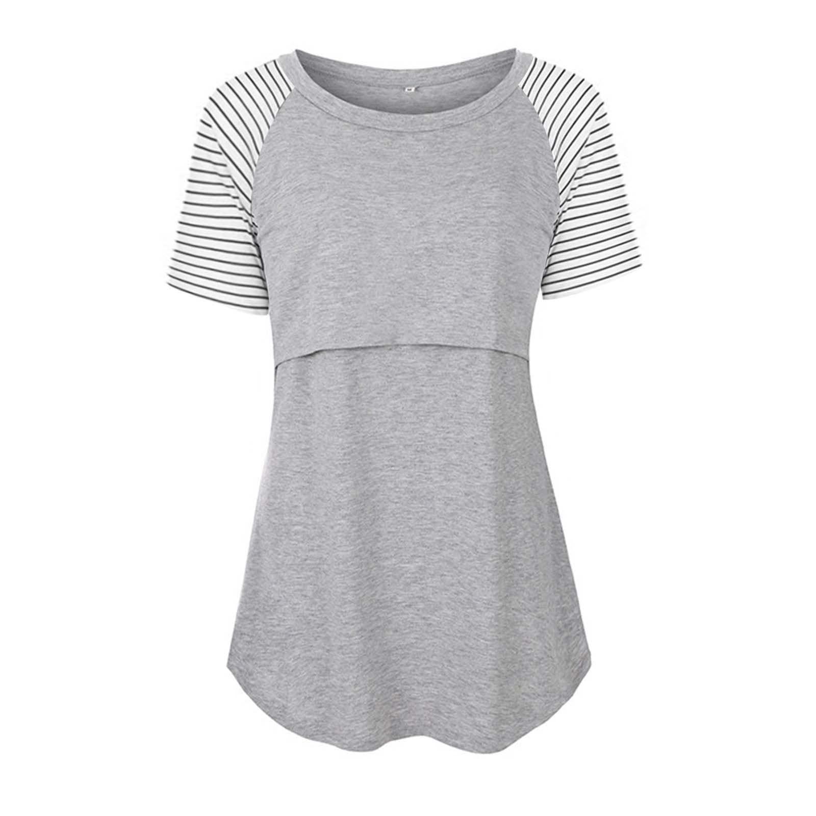 NineFit Basics Cotton Maternity Nursing Tops Short Sleeve Breastfeeding Clothes Shirt Stripe Round Neck Blouse with Pocket Gray XX-Large