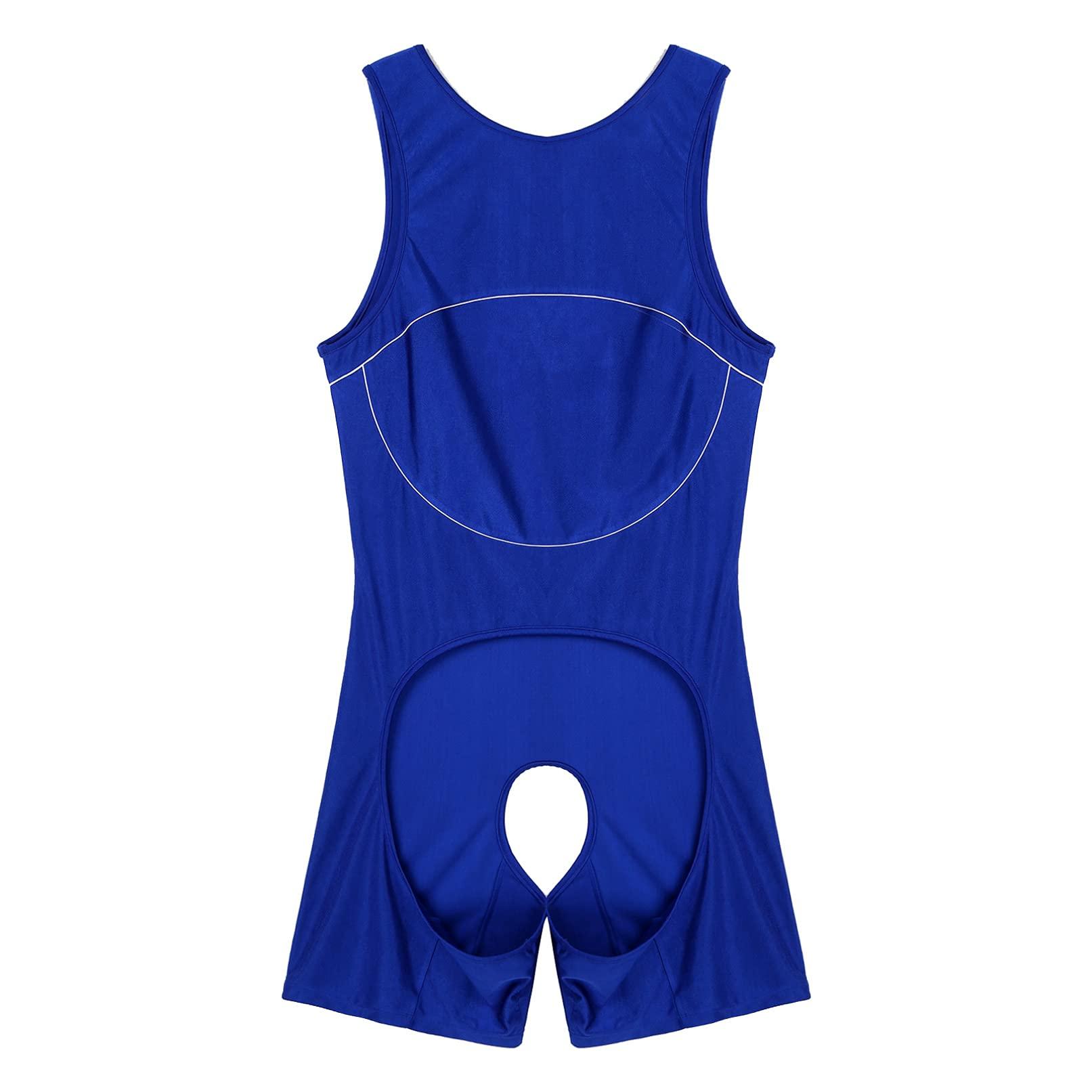 Linjinx Linjinx Men\'s Spandex Slim Fit Open Crotchless Wrestling Singlets Leotard Underwear Jumpsuits Blue Large