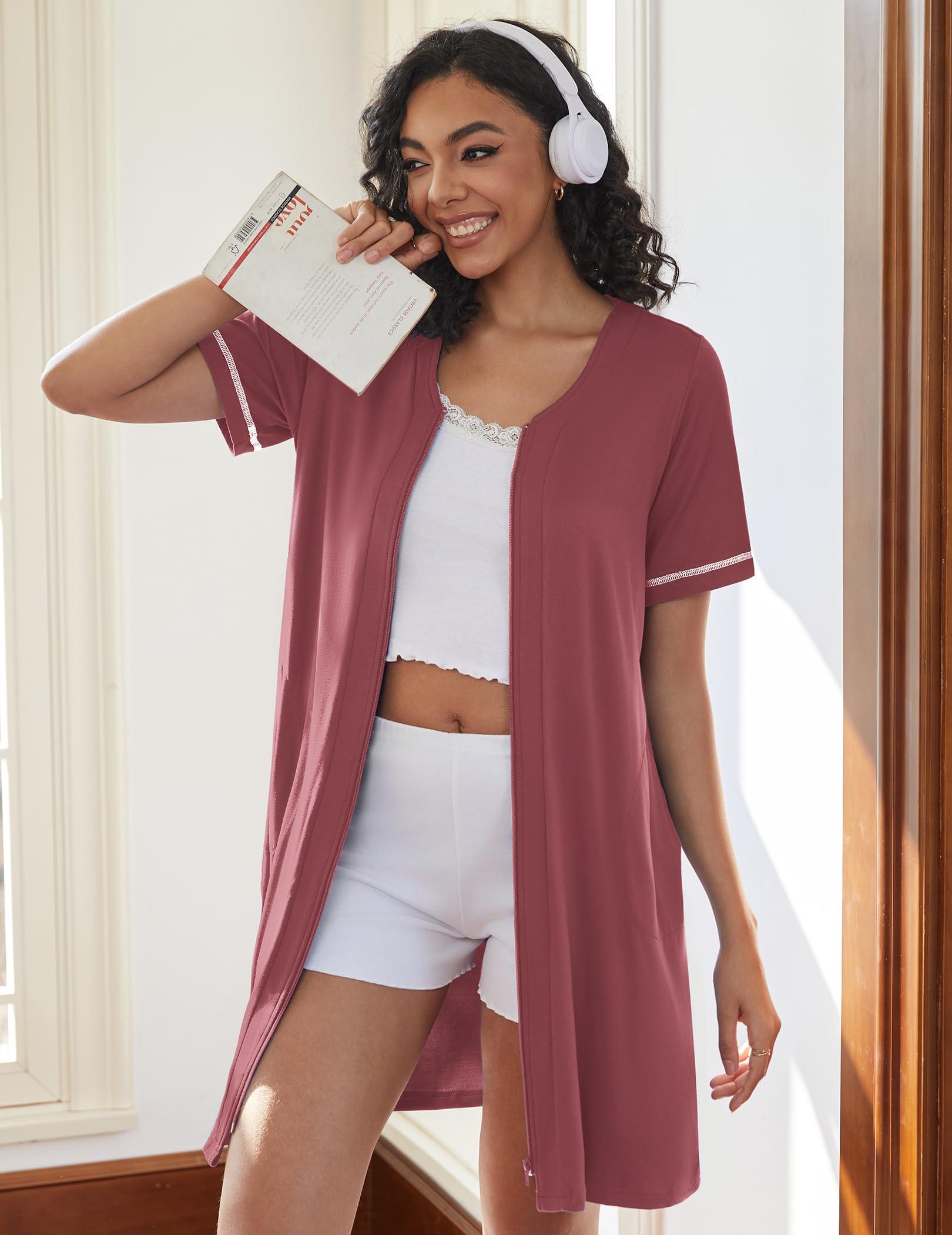 Ekouaer Ekouaer Women Zipper Robes Short Sleeves Housecoat Lightweight Bathrobes Zip Up Robe Casual Nightgown with Pockets Purple Gray Red,XX-Large