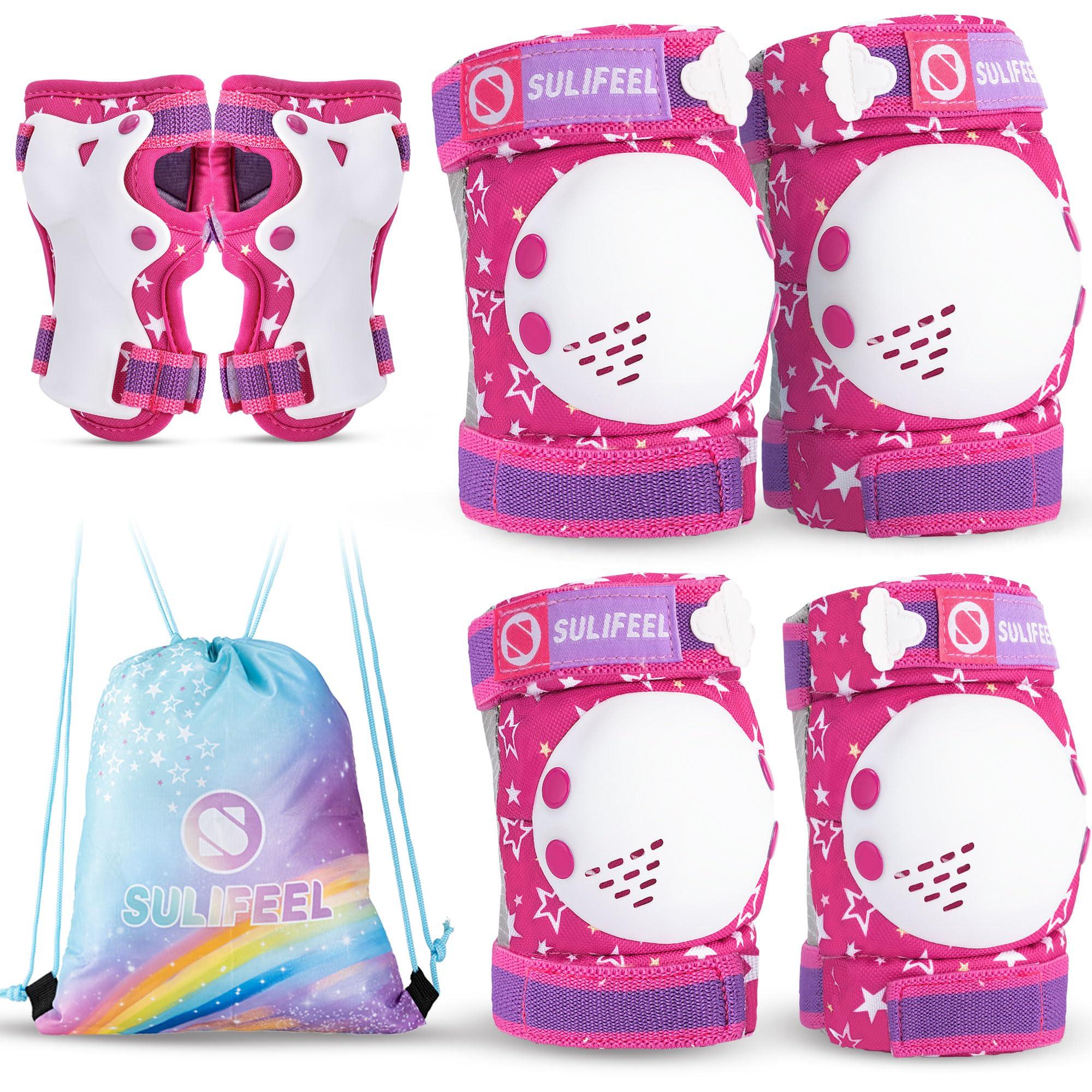 SULIFEEL SULIFEEL Rainbow Unicorn Knee Pads for Kids Knee Elbow Pads Wrist Guards with Drawstring Bag Adjustable Protective Gear Set for Girls Roller Skating Bike Cycling Skateboard Scooter Rose Red Small