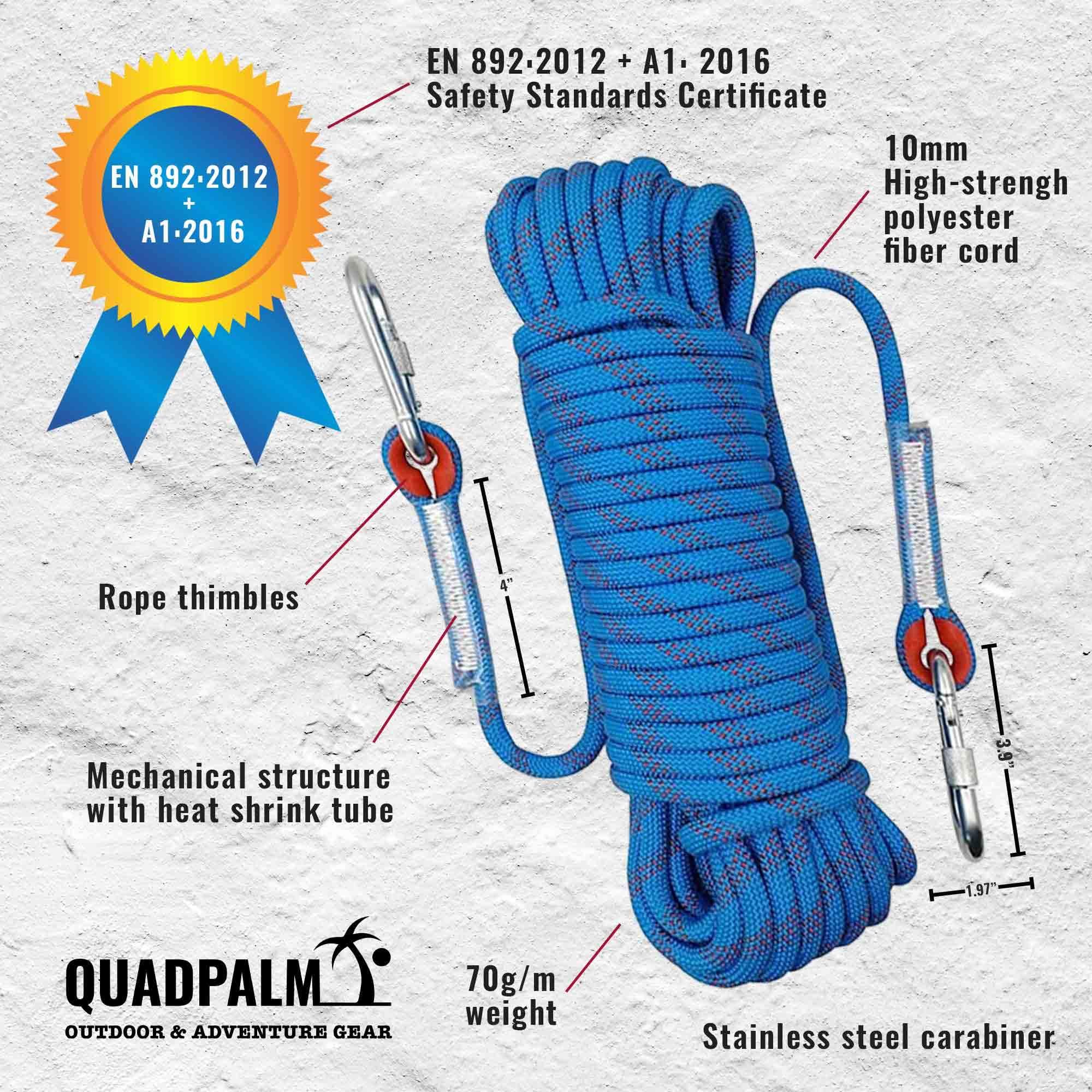 QUADPALM QUADPALM Grappling Hook and Blue Rope 10M (32ft) - Multifunctional Heavy Duty Survival Hook - 2 Locking Carabiner - 4 Stainless Steel Folding Claws - Survival Gear - Outdoors Camping Hiking Gear
