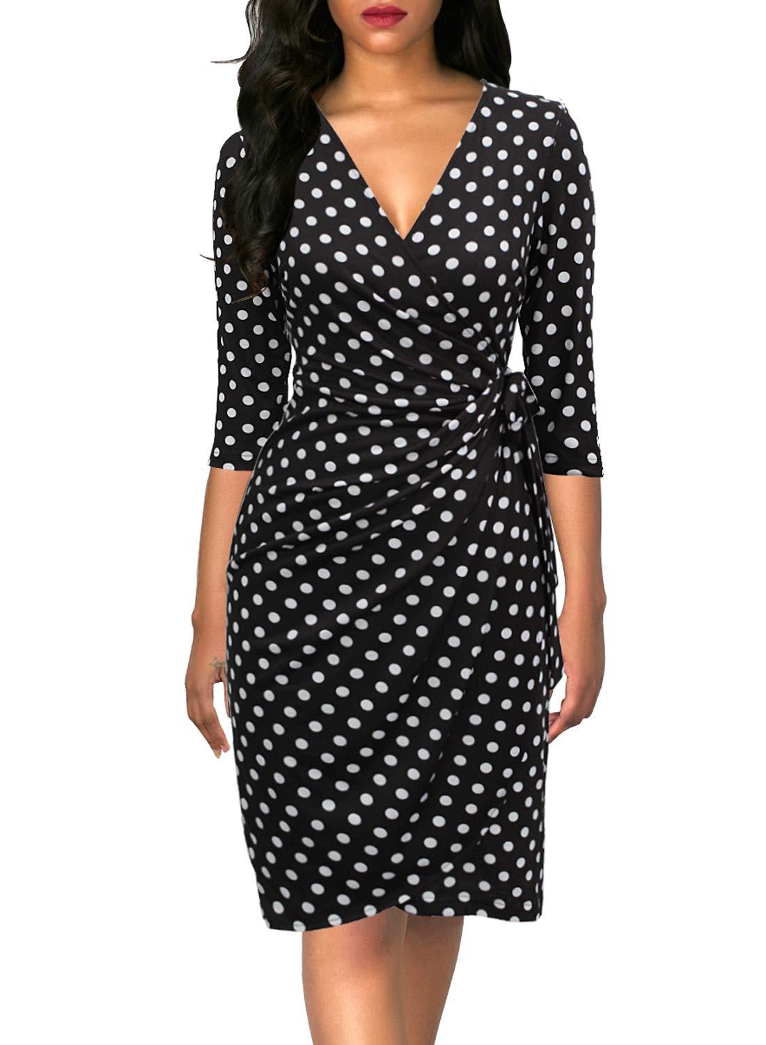Berydress Berydress Women's Classic 3/4 Sleeve V Neck Sheath Casual Party Work Faux Black Wrap Dress (M, 6083-Black Dot)