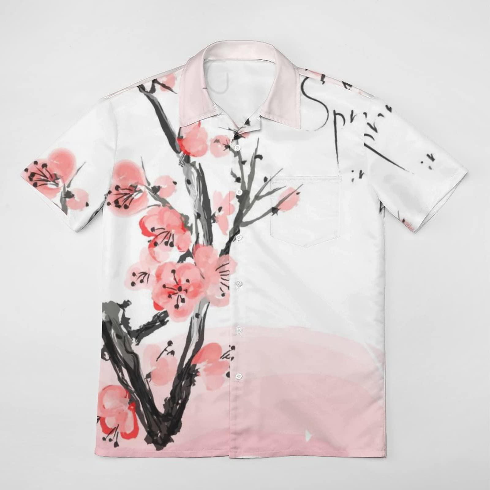 BAIKUTOUAN BAIKUTOUAN Japanese Cherry Blossom Men's Short Sleeve Shirt Casual Loose Button Down Shirts for Work Beach Vacation 3XL