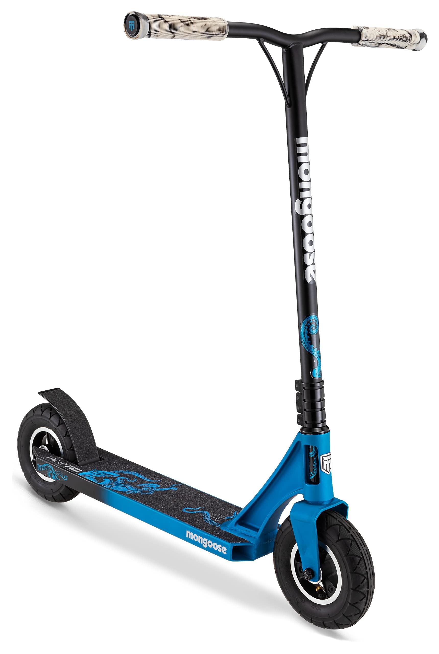 Mongoose Mongoose Tread Pro Youth/Adult Freestyle Dirt Kick Scooter, Ages 8 Years and Up, Air Filled Tires, Max Rider Weight 220 Pounds, Black/Blue