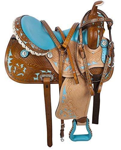 Deen, Enterprises Deen, Enterprises Youth Child Premium Leather Western Barrel Racing Pony Miniature Horse Saddle Tack, Size 10 to 12 Inch Seat Available, Get Leather Headstall, Breast Collar,Reins (13\" Inches Seat)