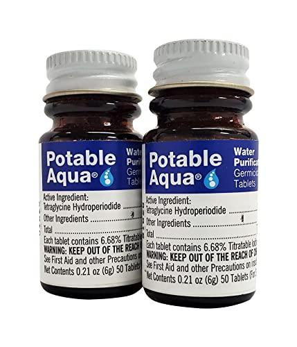 potable aqua Potable Aqua Water Purification Tablets, Portable and Effective Water Purification Solution for Camping, Hiking, Emergencies, Natural Disasters and International Travel, Two 50ct Bottles, Blue