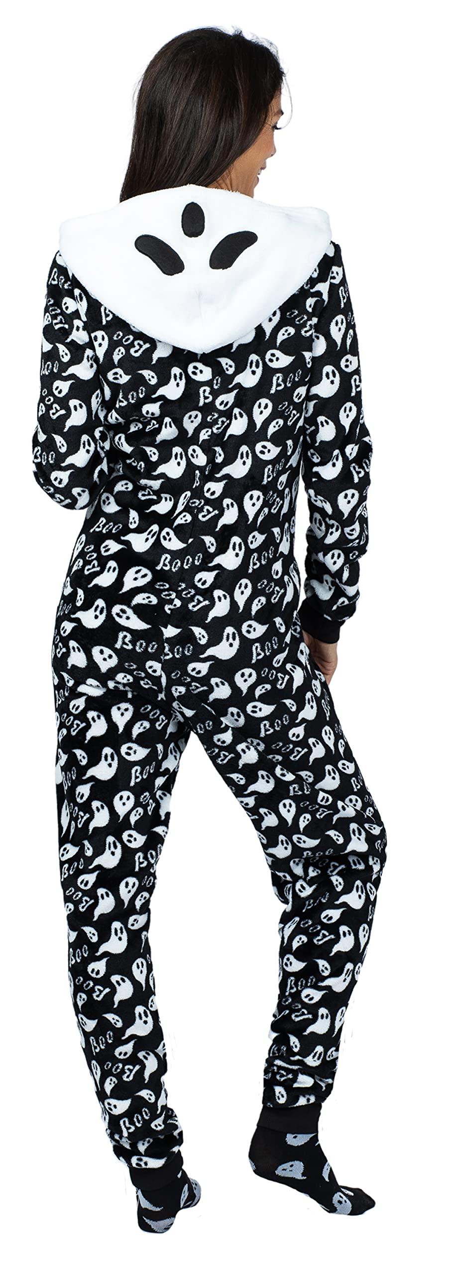 Prestigez Prestigez Holiday Matching Couples Costume Pajama Onesie With Socks and Mask, Ghost, Devil, and Skeleton, Black - Ghost, Size M
