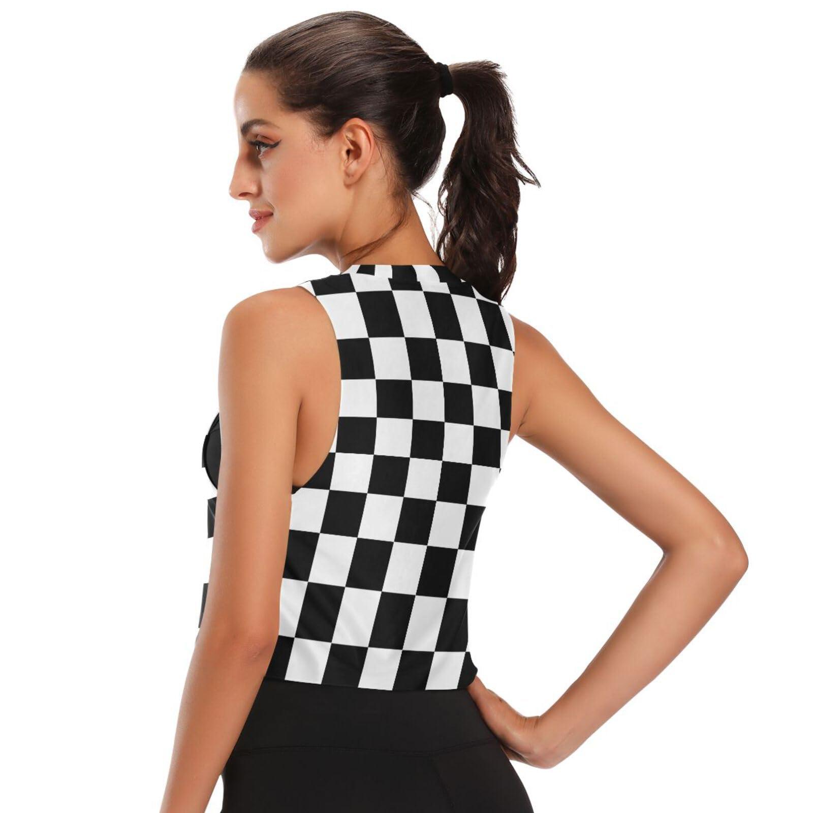 HURPAN Racing Checkered Flag Women's Crop Top Workout Shirts Sleeveless Muscle Tank Athletic Crop Tank Top