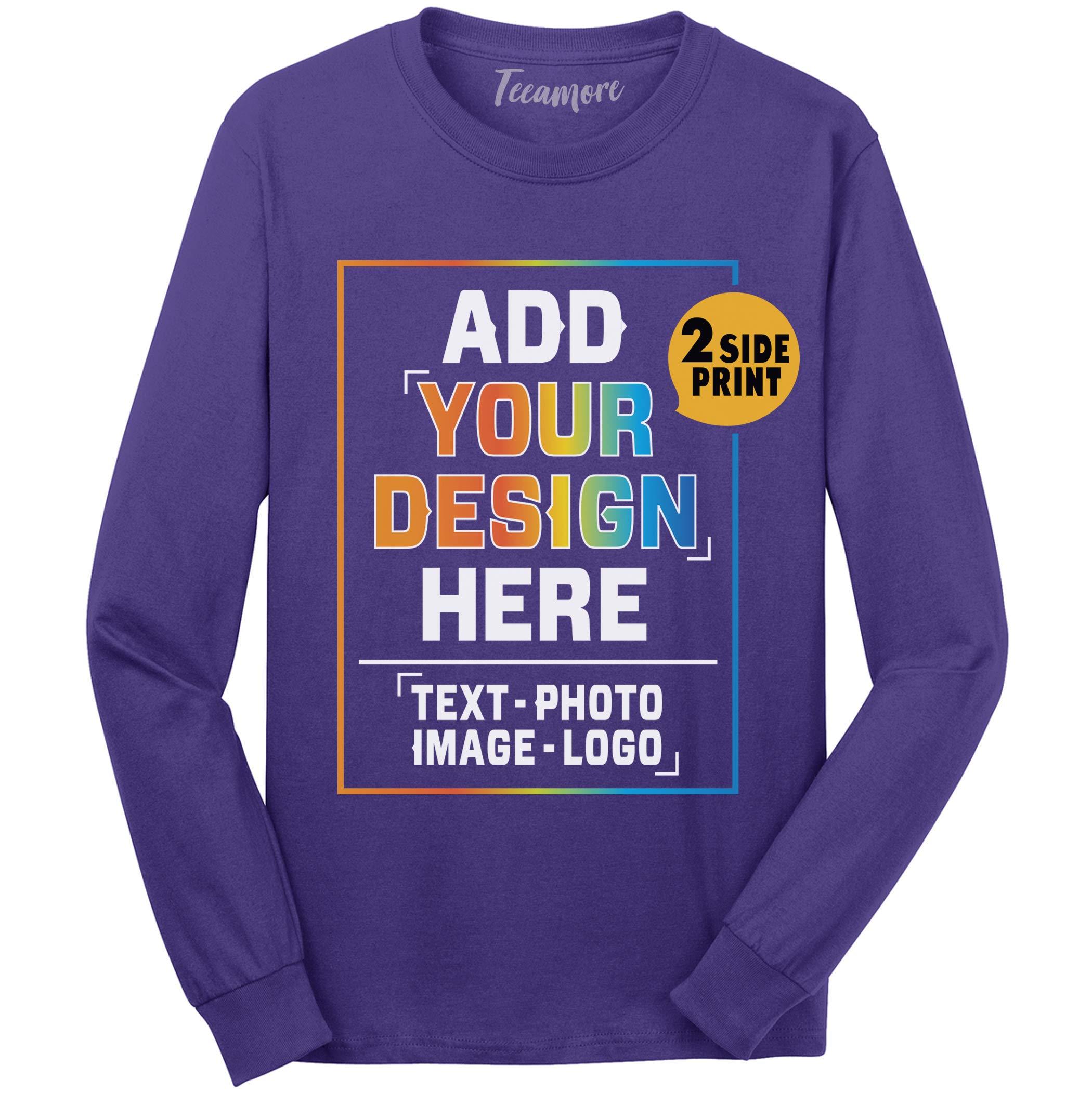 TEEAMORE Custom Long Sleeve Shirts Design Your Own Add Your Photo Image Text for Men Women Front & Back Side Purple