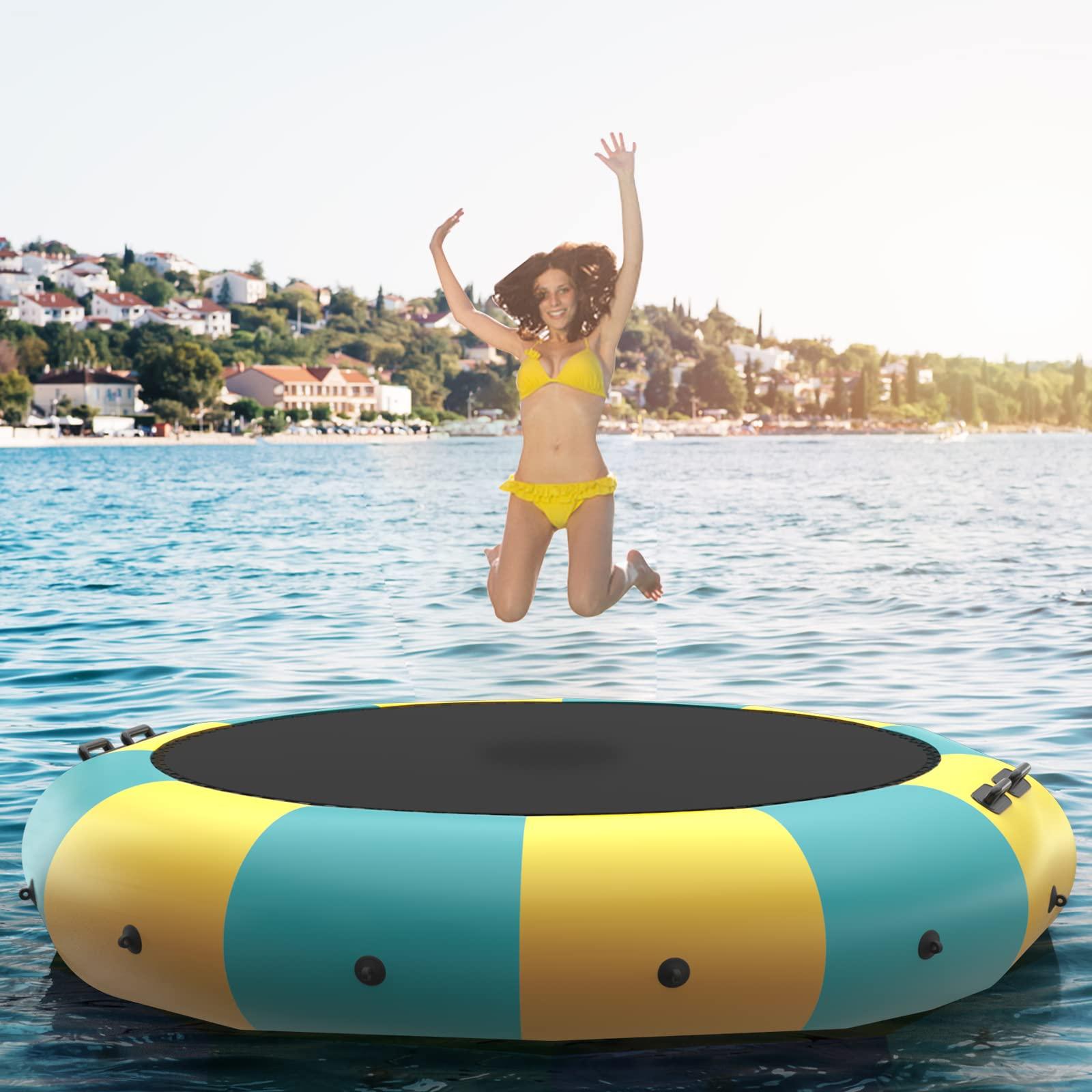 GYMAX GYMAX Water Trampoline, Floating Lake Trampoline with Electric Pump & Rope Ladder, Inflatable Water Bouncer for Lake, Heavy Duty for Adults (12Feet Yellow)