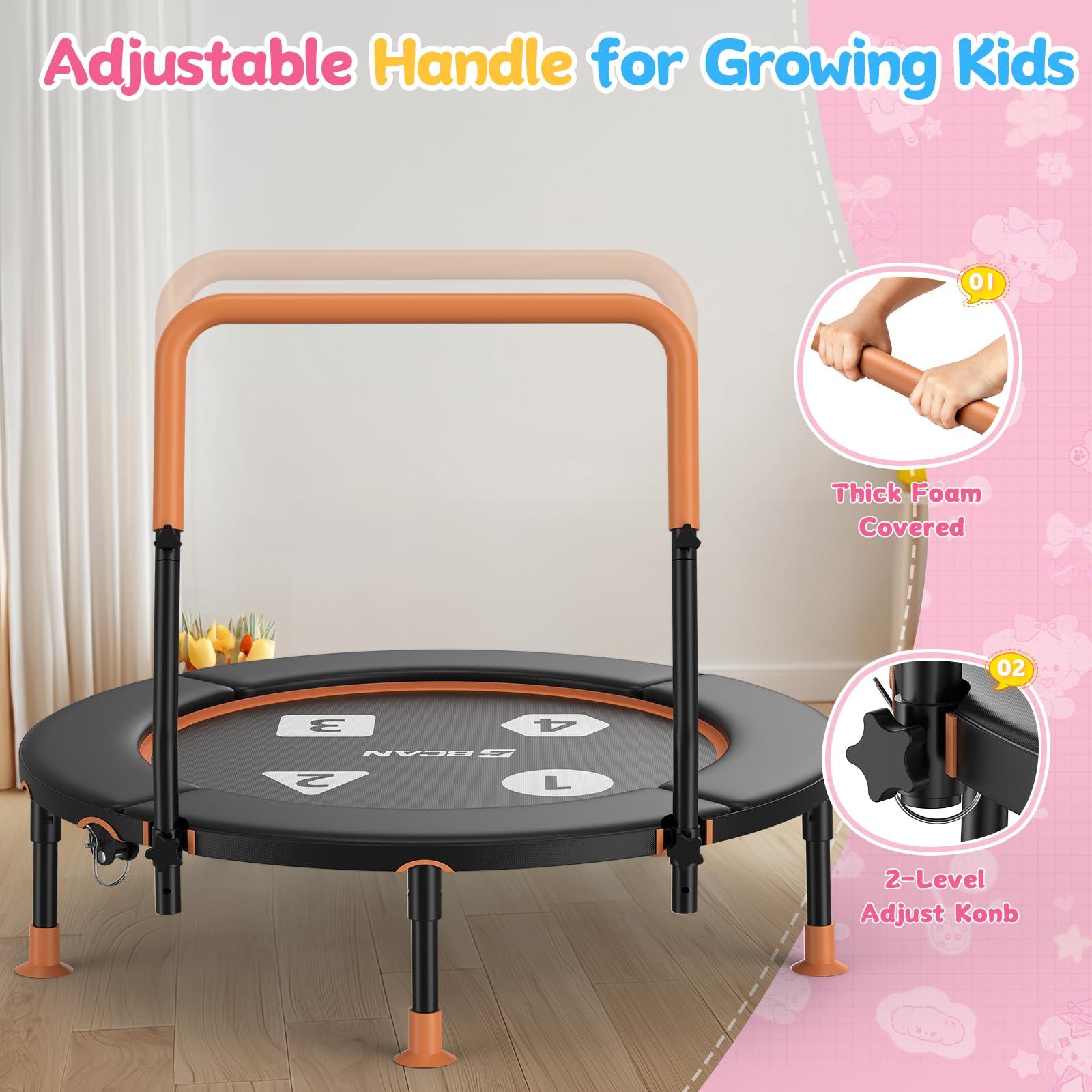BCAN BCAN 36'' Toddler Trampoline, Foldable Mini Trampoline for Kids Ages 1-6, Adjustable Handle, Safety Pad & Foldable Legs, Baby Trampoline Indoor/Garden, Gift for Boy and Girl, Black