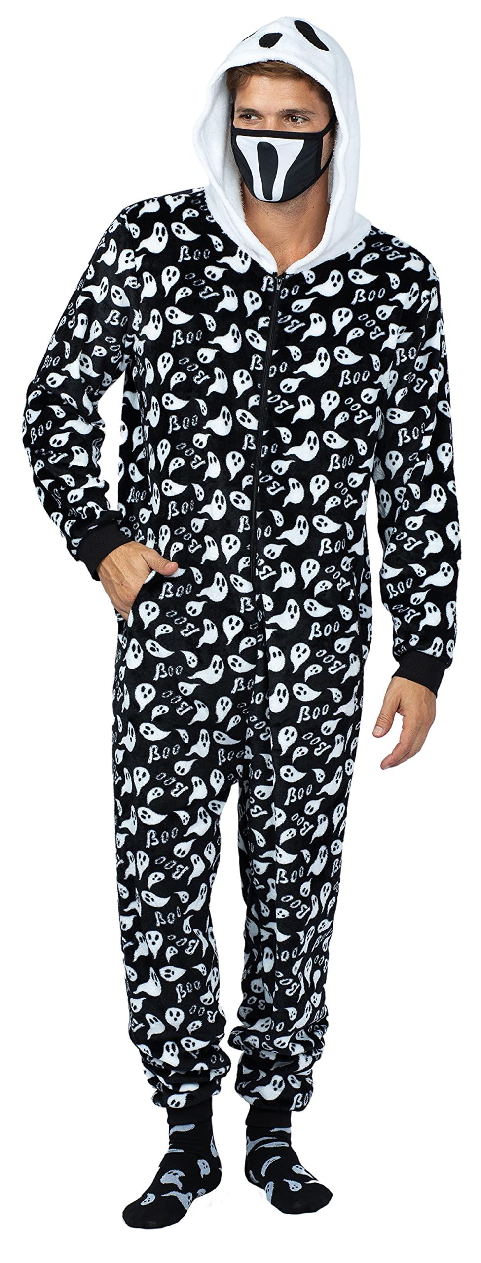 Prestigez Prestigez Holiday Matching Couples Costume Pajama Onesie With Socks and Mask, Ghost, Devil, and Skeleton, Black - Ghost, Size M