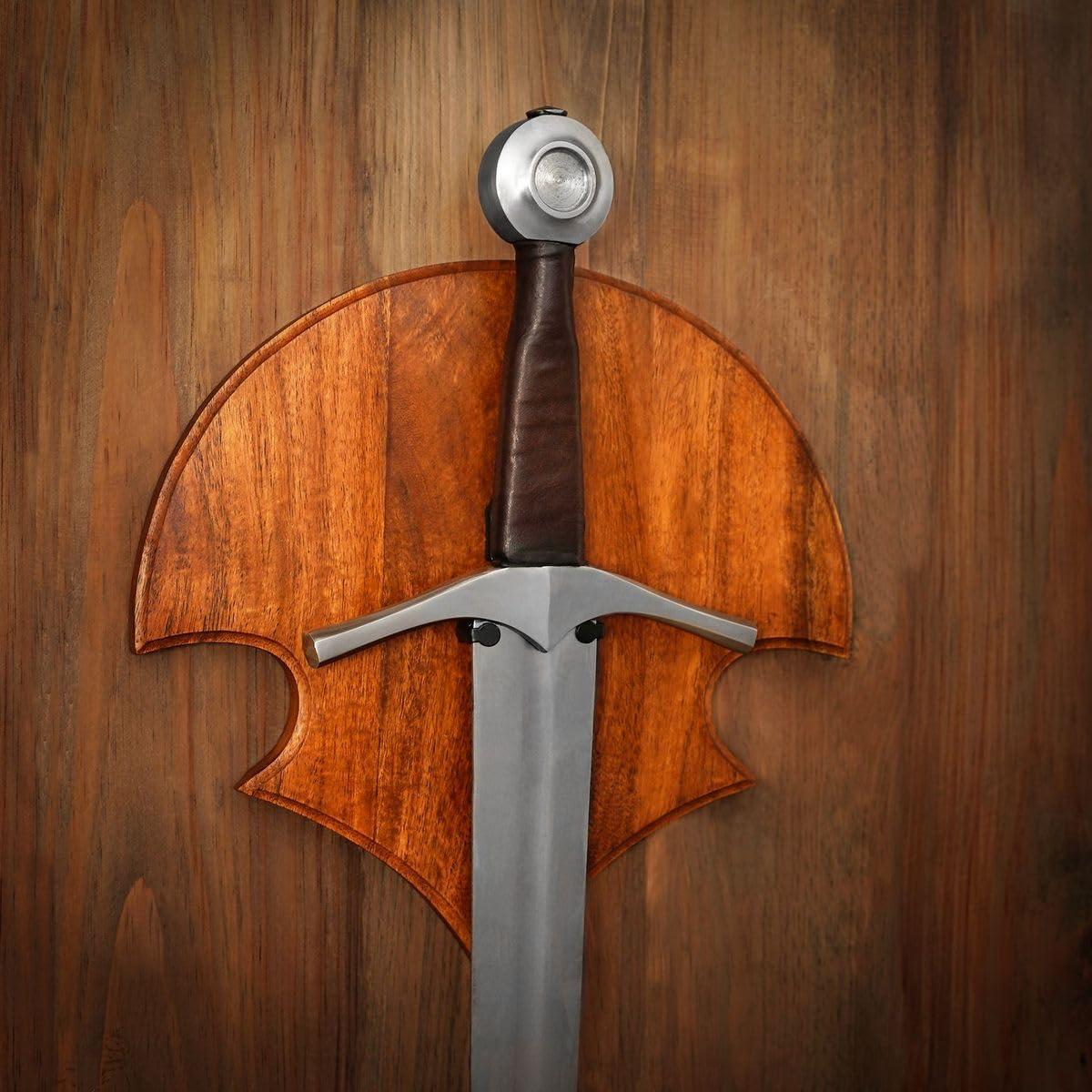 Mythrojan Mythrojan Wooden Sword Wall Mount Medieval Sword Plaque Sword Holder for Display Holder with Hardware Sword Hanger Wall Vertical Mount Single Rack Display Holder Home Dcor, Natural - 11.75\" x 11.75\"