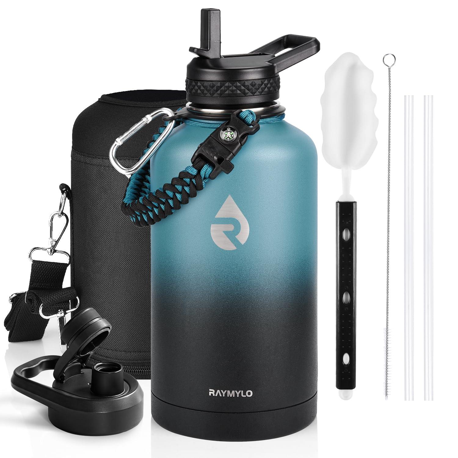 RAYMYLO RAYMYLO Insulated Water Bottle 64 oz, Triple Wall Vacuum Stainless Steel (Cold for 48 Hrs), Leak Proof & Non-BPA, Half Gallon Water Flask Jug with Paracord Handle & Straw Spout Lids