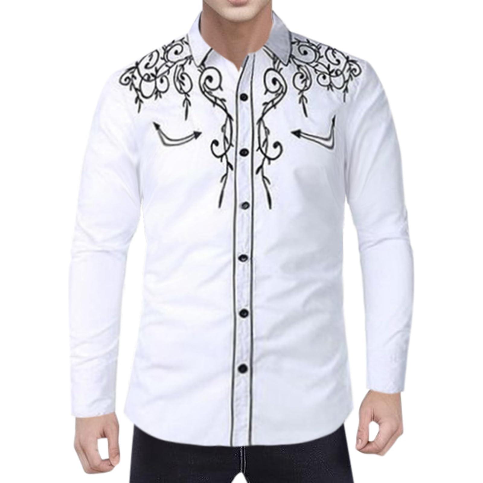 NineFit Basics Men's Cowboy Shirts Embroidered Rose Design Shirt Western Long Sleeve Button Down Shirt