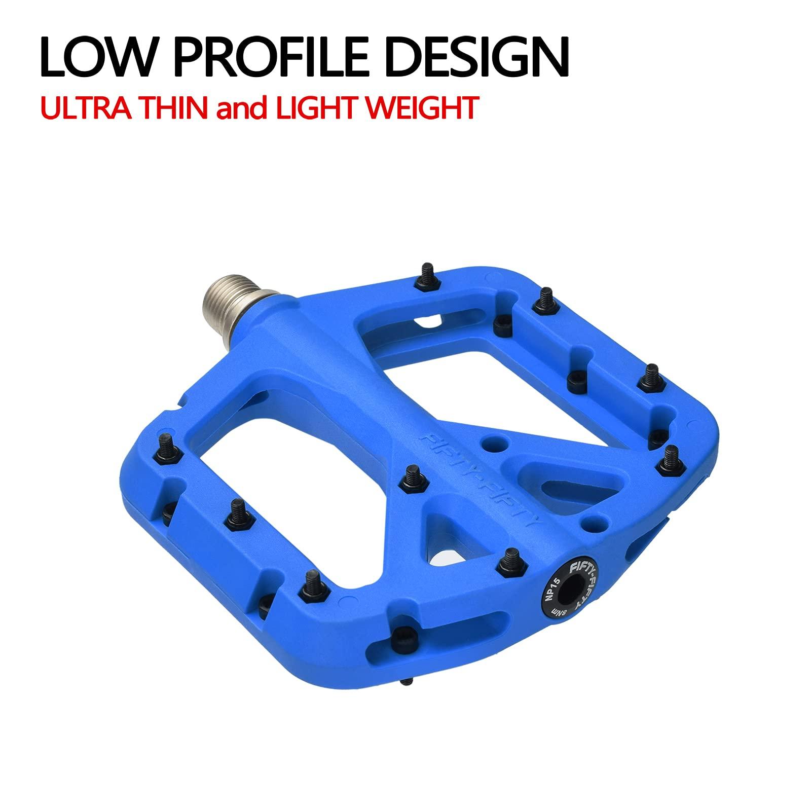 FIFTY-FIFTY FIFTY-FIFTY Mountain Bike Pedals, Non-Slip MTB Nylon Composite, 9/16" Bicycle Pedals, Lightweight and Wide Flat Platform (Blue)