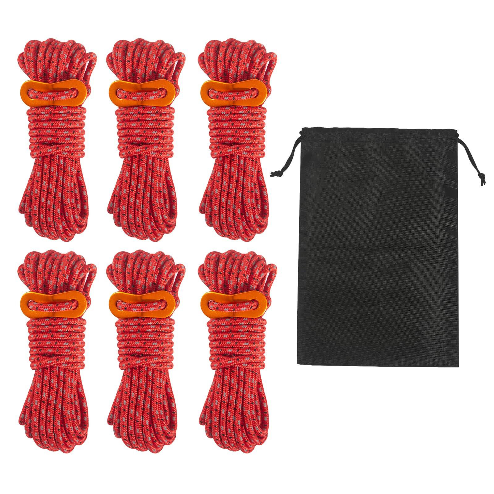 Smithok Smithok 16.4ft 6 Pack 4mm Guy Lines Ultralight Tent Cords with Aluminum Adjuster Tensioner Outdoor Camping Guylines Ropes for Tent Tarp,Climbing,Hiking Backpacking (Red)