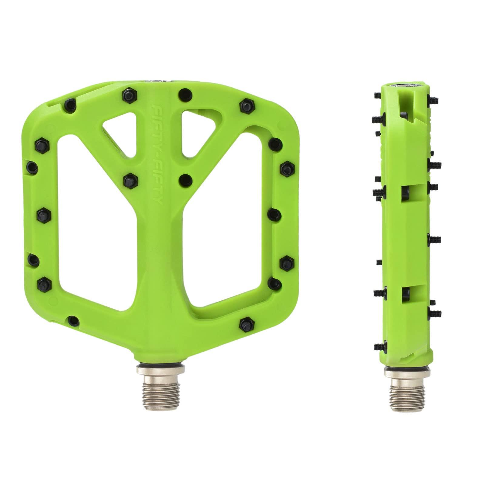FIFTY-FIFTY FIFTY-FIFTY Mountain Bike Pedals, Non-Slip MTB Nylon Composite, 9/16" Bicycle Pedals, Lightweight and Wide Flat Platform (Green)