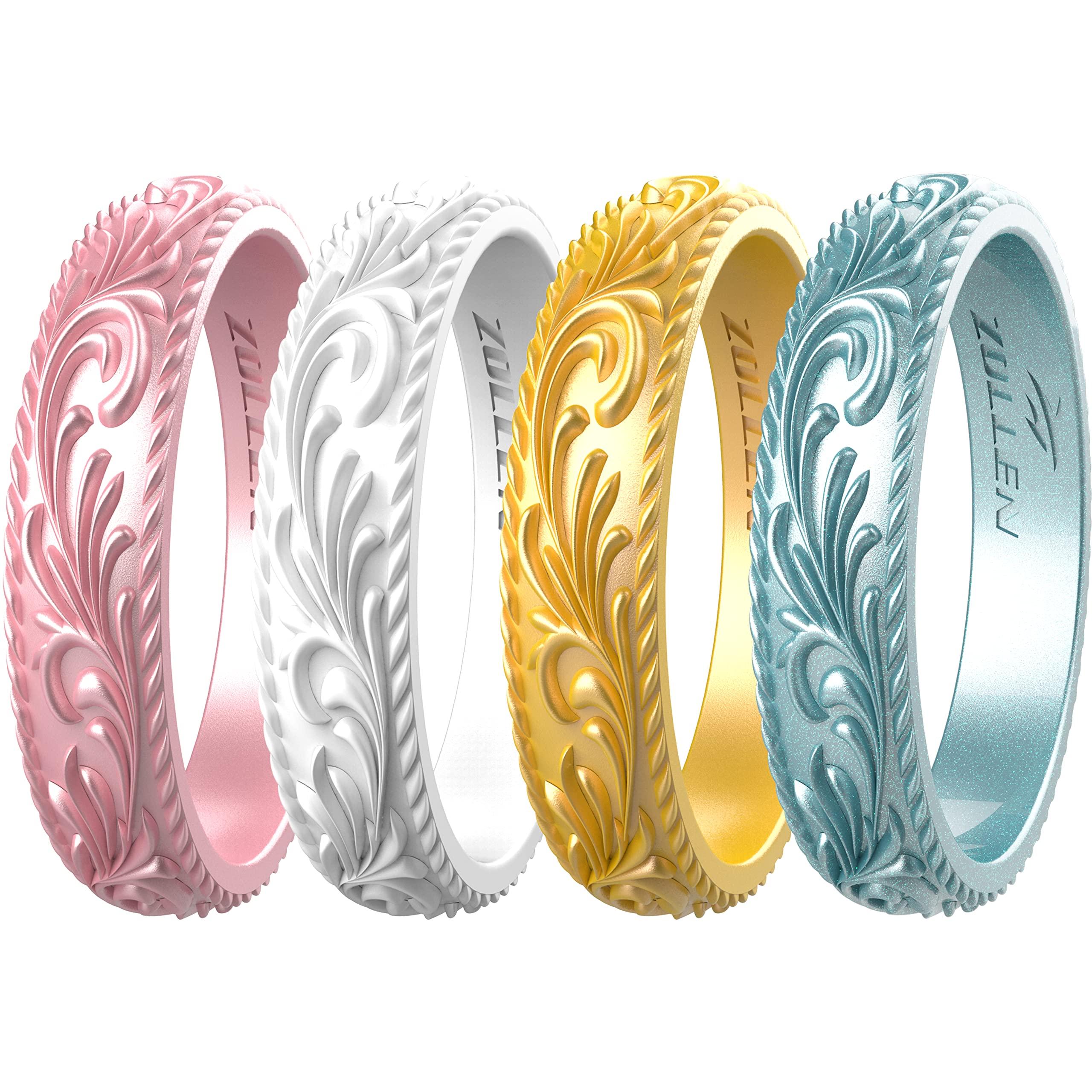 Zollen Zollen Silicone Wedding Rings for Women 4 Packs -Metallic Stackable Silicone Rubber Wedding Bands - Innovative Vine Collection, Size 11
