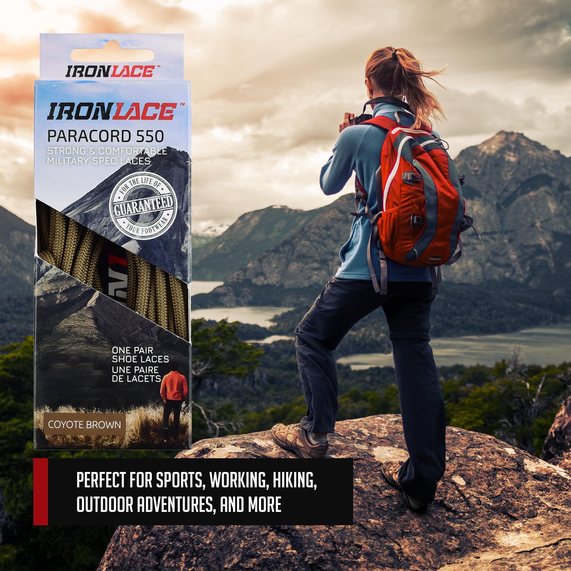 IRONLACE IRONLACE - Paracord 550 Laces Type III, Heavy-Duty, Universal Boot & Shoe Laces, Stretchable Nylon, 550-Pound Breaking Strength, Coyote Brown, 9/64 Inch (3.5mm) Tip Diameter, 72-Inch, 1-Pair