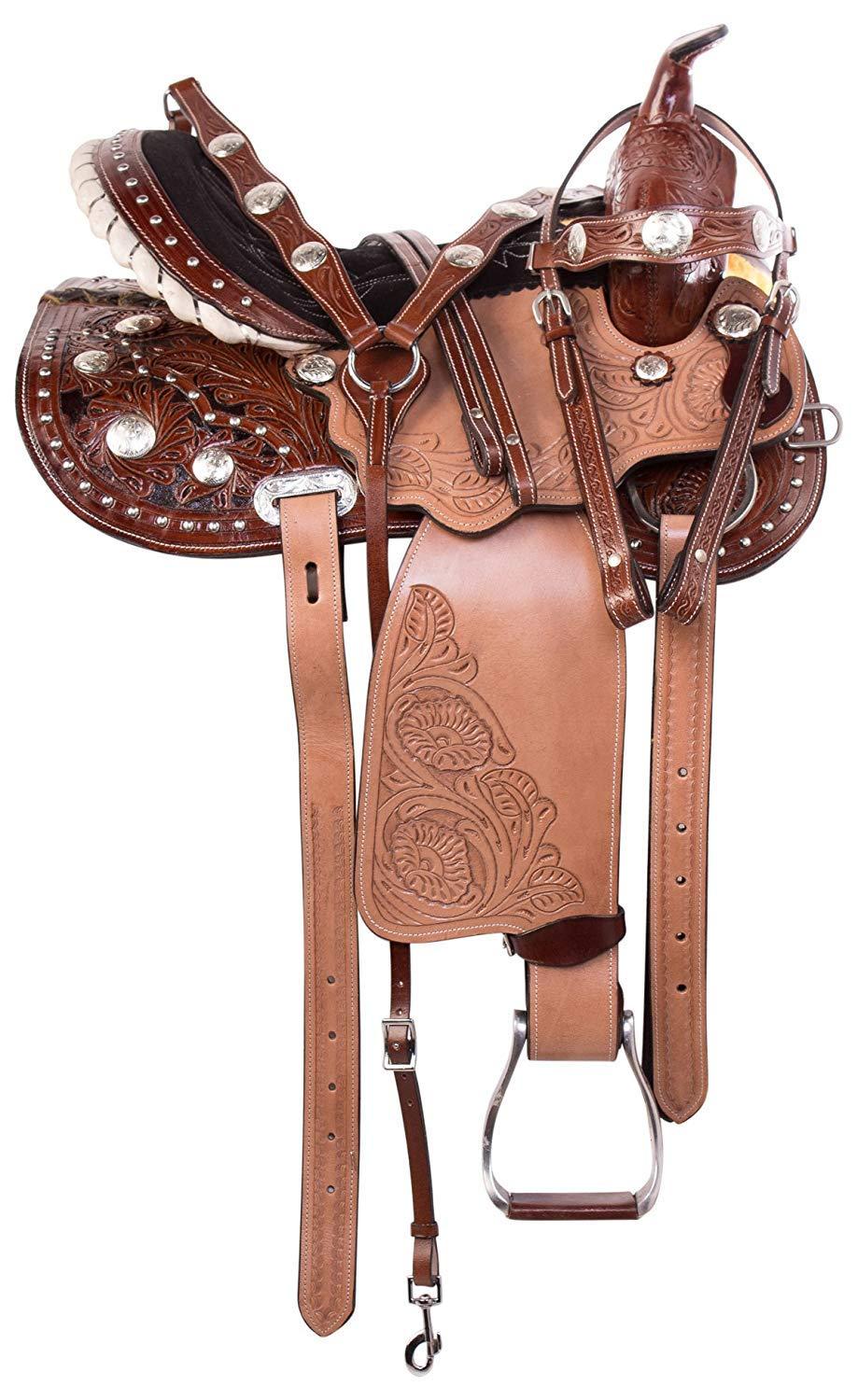 Deen, Enterprises Deen, Enterprises Youth Child Premium Leather Western Barrel Racing Pony Miniature Horse Saddle Tack, Size 10 to 12 Inch Seat Available, Get Leather Headstall, Breast Collar,Reins (12.5\" Inches Seat)