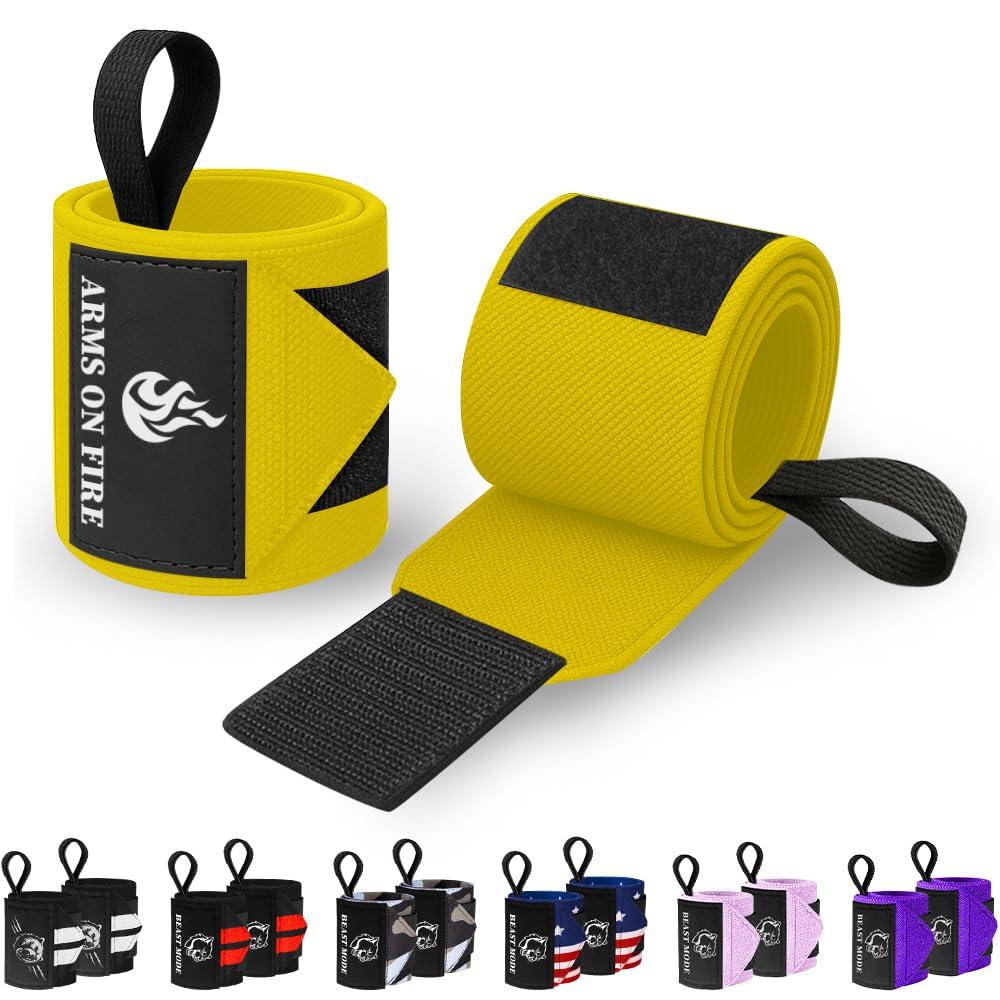 TECEUM TECEUM Weightlifting Wrist Wraps with Thumb Loop Yellow Arms on Fire 12 inch Heavy-Duty Workout Wrist Support & Protection Ideal for Powerlifting, Strength Training, Bodybuilding