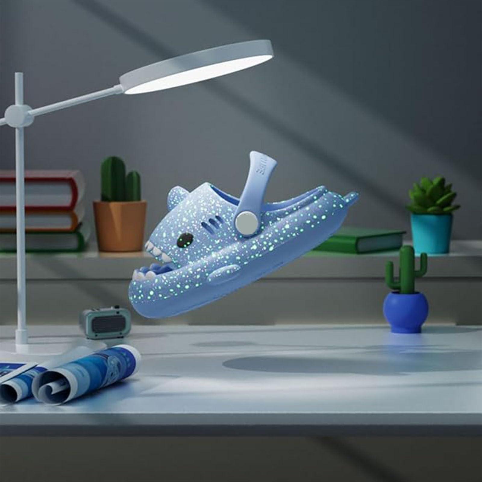 Jfxgjuv Jfxgjuv Angler Fish Slides Glow in The Dark Kids Shark Slides Glow in The Dark Luminous Shark Slippers Cloud Shark Slides with Strap Spooky Shark Slides (Blue,12-12.5 Little Kid)