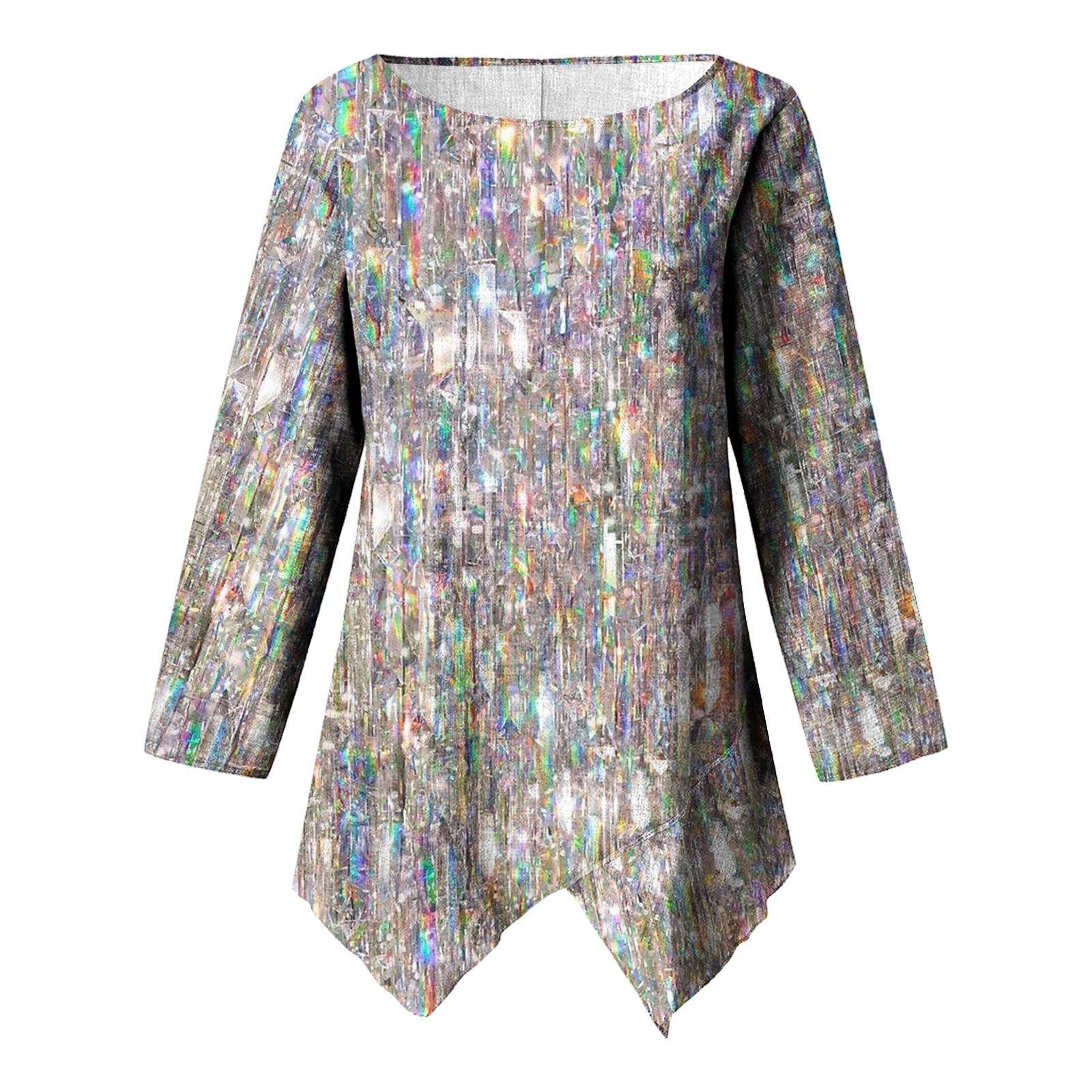 SGHOEGU Womens Plus Size Long Sleeve Sparkly Shirt Casual V Neck Loose Graphic Pullover Tunic Top Glitter Sequin Print Blouse Plus Size Glitter Top Shimmer Shirts for Women White