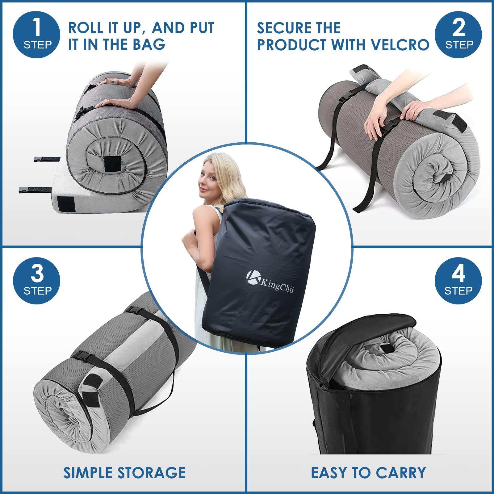 KingChii KingChii CertiPUR-US Memory Foam Camping Mattress, Portable Roll Up Travel Car Camping Mattress Sleeping Pad & Floor Mattress, Cot Mattress Guest Bed for Sleepover with Waterproof Cover & Travel Bag