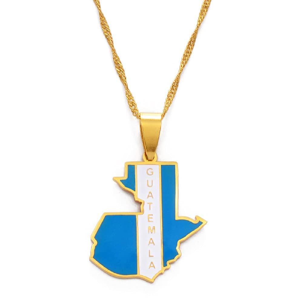 Dan CECE KELE Map Pendant Necklace - Guatemala Map Necklace for Men and Women, Guatemalan Map Necklace with Flag Sweater Clavicle Chain Neckwear, Ethnic Fashion Symbol Neckwear Pendant Gifts,Gold,60Cm Chain