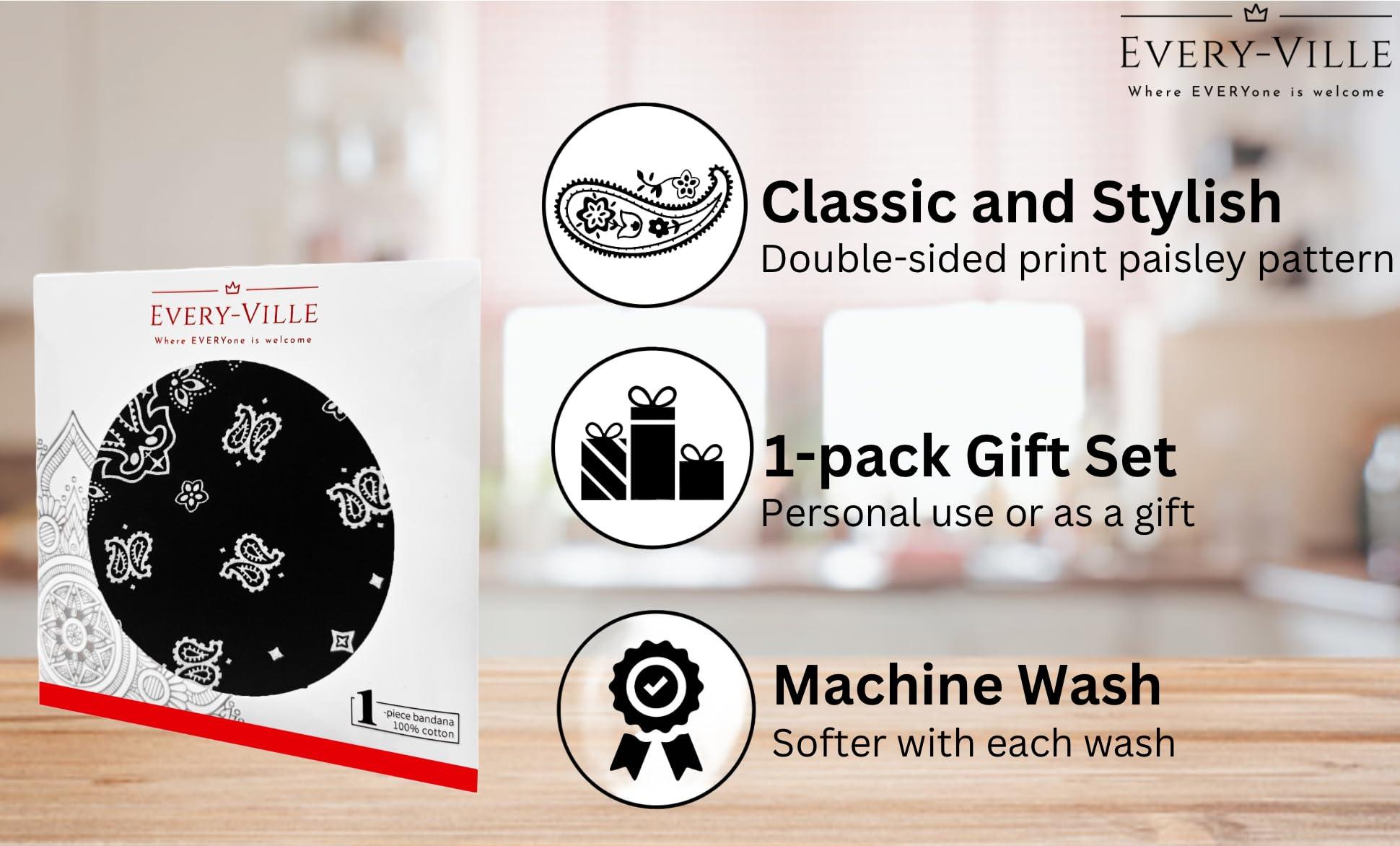 EVERY-VILLE Where EVERYone is Welcome Black Bandana for Men Women- 100% Soft Cotton, Paisley, 22x22 In, 1 Pack - Large Head Bandanna Western Cowboy Handkerchief Scarf