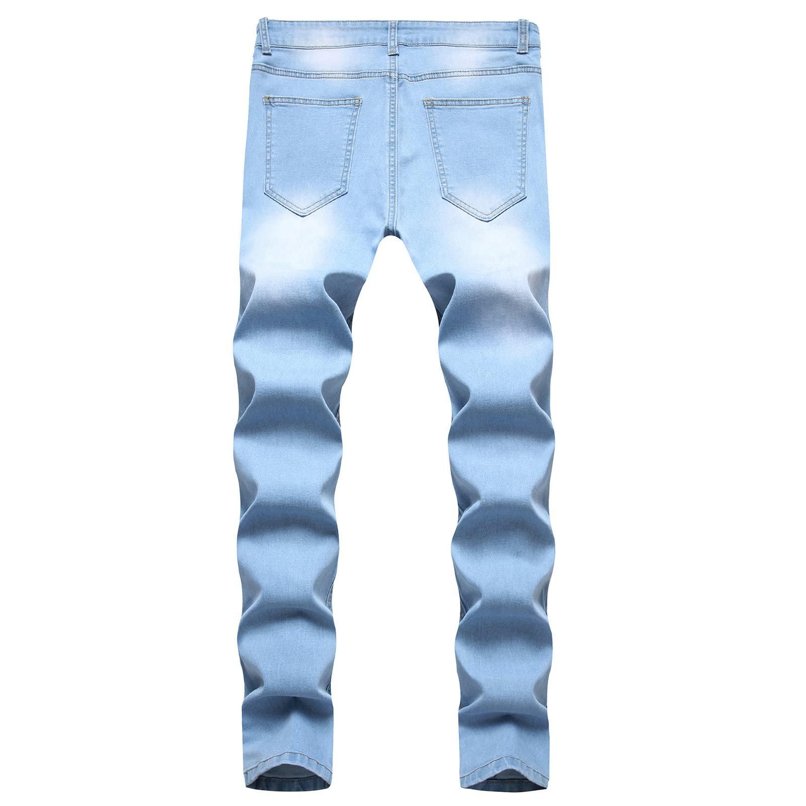 JEsilunmaMY JEsilunmaMY Mens Summer Biker Denim Pants Mid Waist Distressed Ripped Straight Leg Jeans Slim Fit Stretch Street Pencil Jeans (Blue,30)