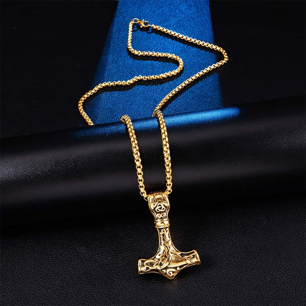 SBRTL Norse Viking Thor's Hammer Talisman Necklace, Odin Mjolnir Stainless Steel Pendant, Mens Vintage Original Amulet Jewelry,Gold,60cm(24incm)