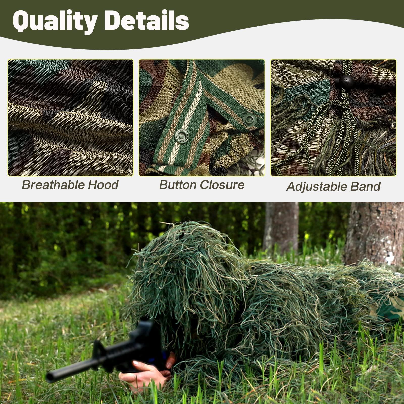 MOPHOTO MOPHOTO 5 in 1 Ghillie Suit, 3D Camouflage Hunting Apparel Including Jacket, Pants, Hood, Carry Bag Suitable for Unisex Adults (S/M/L/XL/XXL)