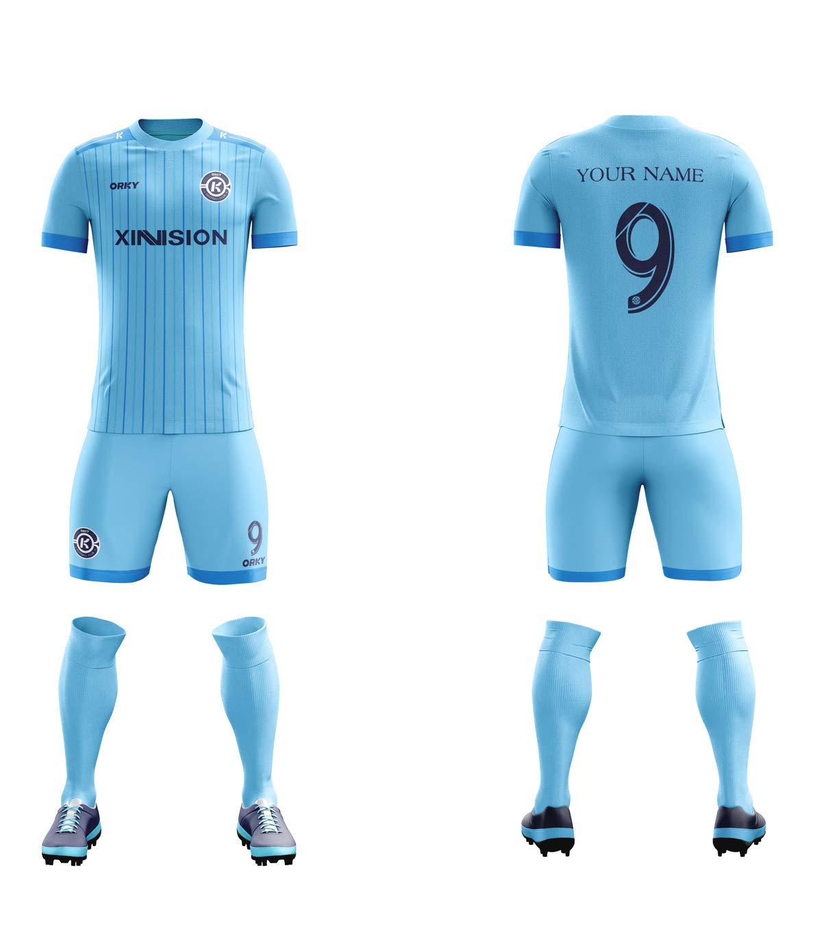 ORKY ORKY Custom Soccer Jersey with Short Men Youth Kids Football Uniform Full Kit(Blue XL)