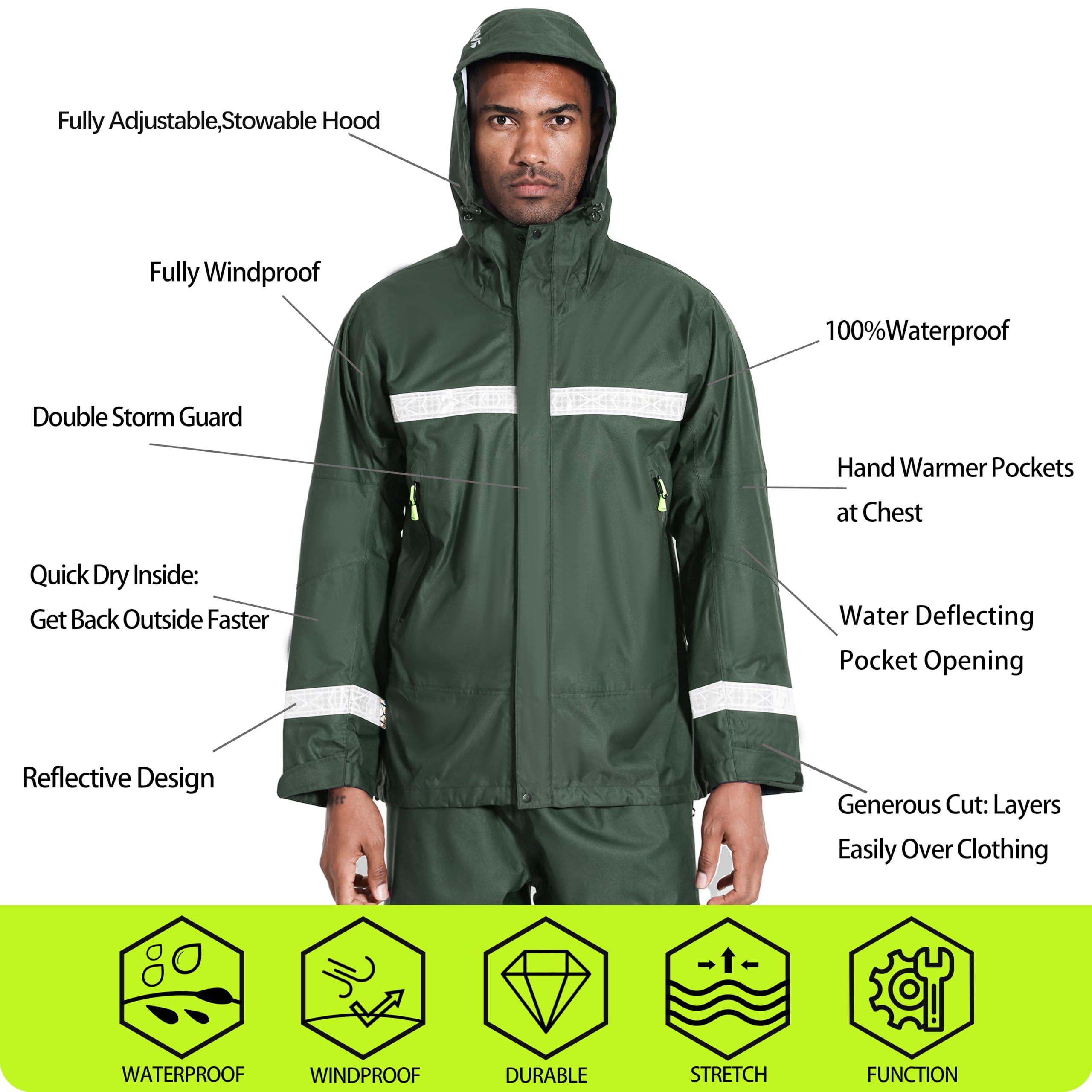 NAVIS MARINE NAVIS MARINE Rain Suit-Waterproof Jacket&Elastic Pants Combo,Lightweight Reflective Foul Weather Gear for Hiking and Fishing(Dark Green X-Large)