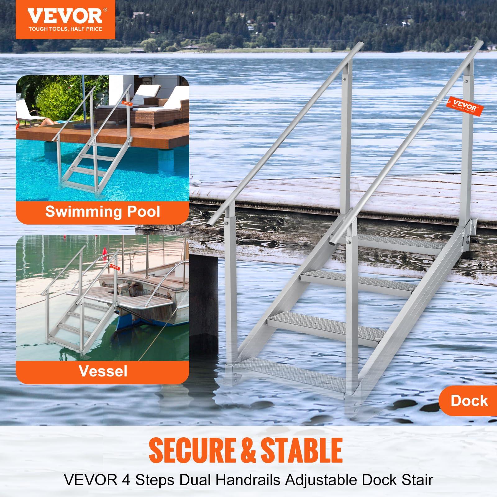 VEVOR VEVOR Dock Stairs 4 Steps, 500lbs Load Pool Steps, Adjustable Height Aluminum Dock Ladders, Pontoon Boat Ladder with Handrails & Widen Nonslip Pedals for Lake/Pool/Marine Boarding/RV/House