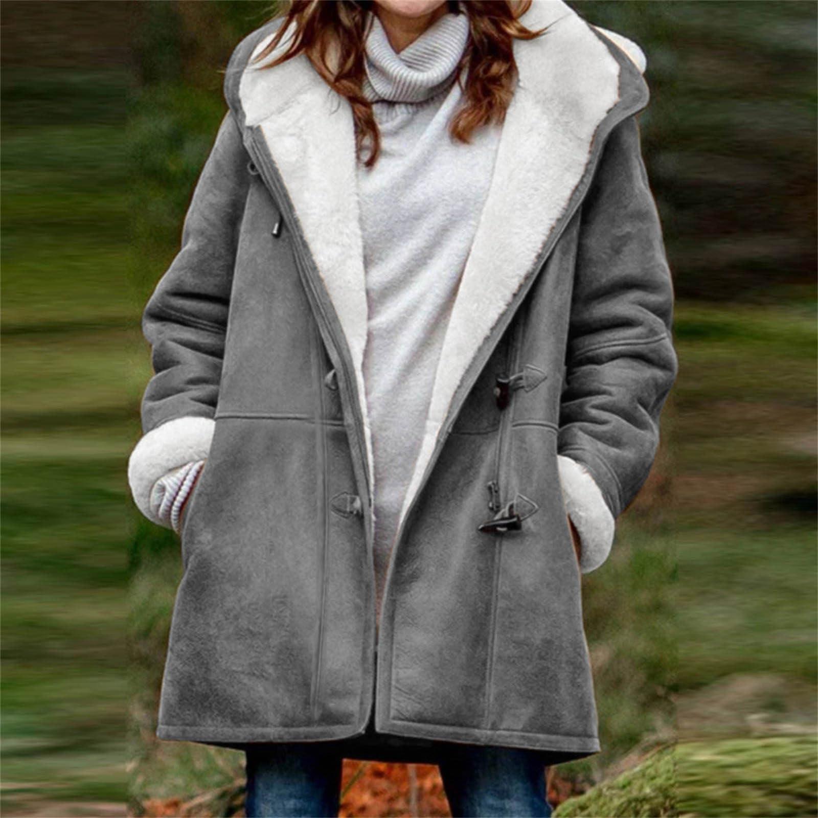 cllios Womens Winter Coats Plus Size Sherpa Jacket Fleece Lined Hooded Jacket Warm Outerwear Oversized Thick Coat Button Down Long Sleeve Cardigan Coats Overcoat with Pockets