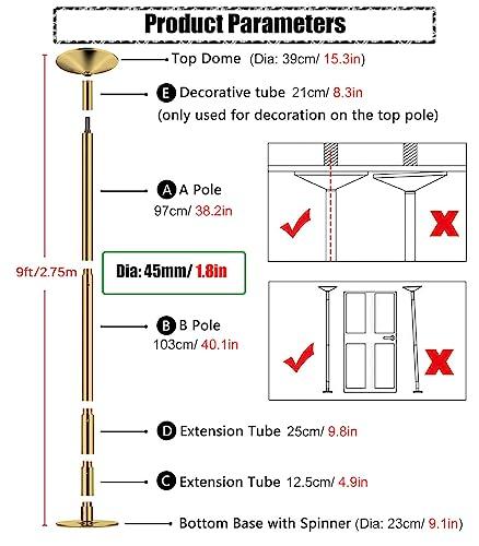 JYDQMOLS JYDQMOLS Portable Dance Pole Home Fitnes 2.74m/9ft Height Adjustable Spinning/Static Dance Pole, Home/Yoga Room/Dance Studio Extendable Dancing Pole Kit for Beginner/Professional Dancers(Gold)