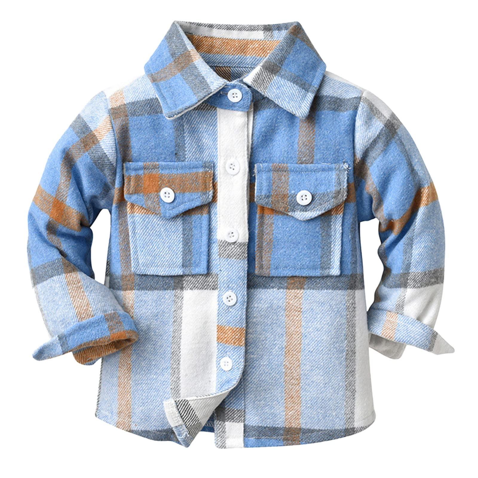 NineFit Basics Toddler Boys Flannel Plaid Shirts Kids Cotton Long Sleeve Lapel Button Down Shirt Coat for Baby Fall (Blue, 0-6 Months)